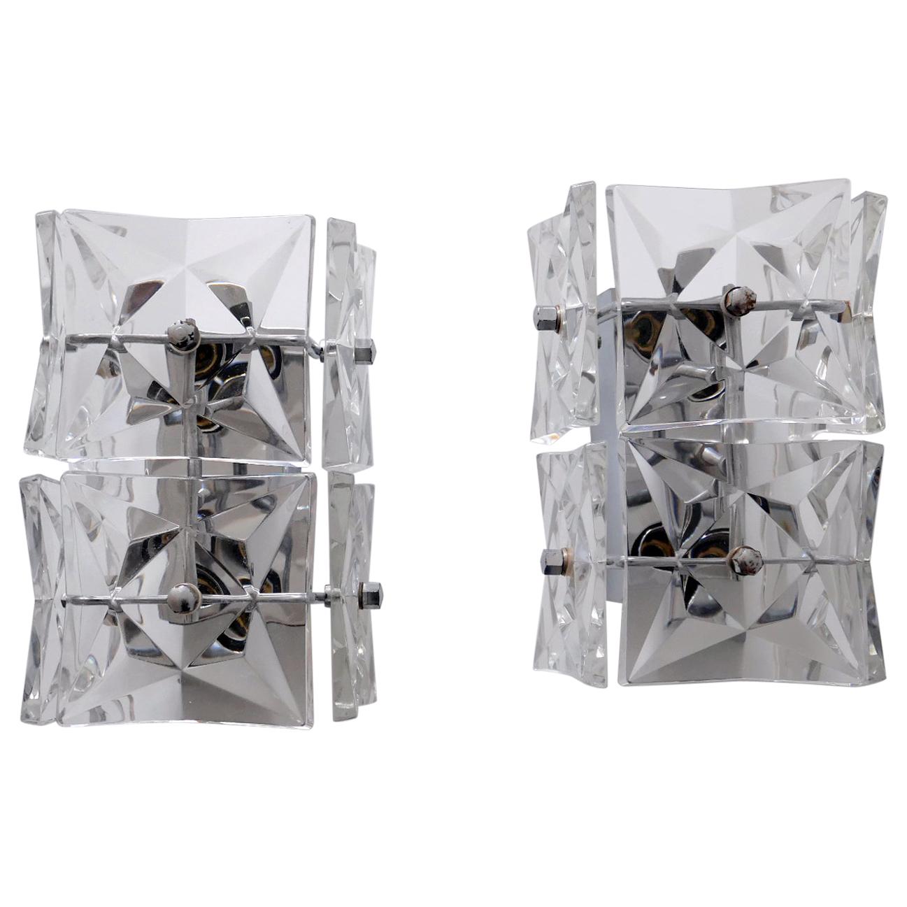 Set of Two Mid-Century Modern Kinkeldey Crystal Glass Sconces or Wall Lamps For Sale