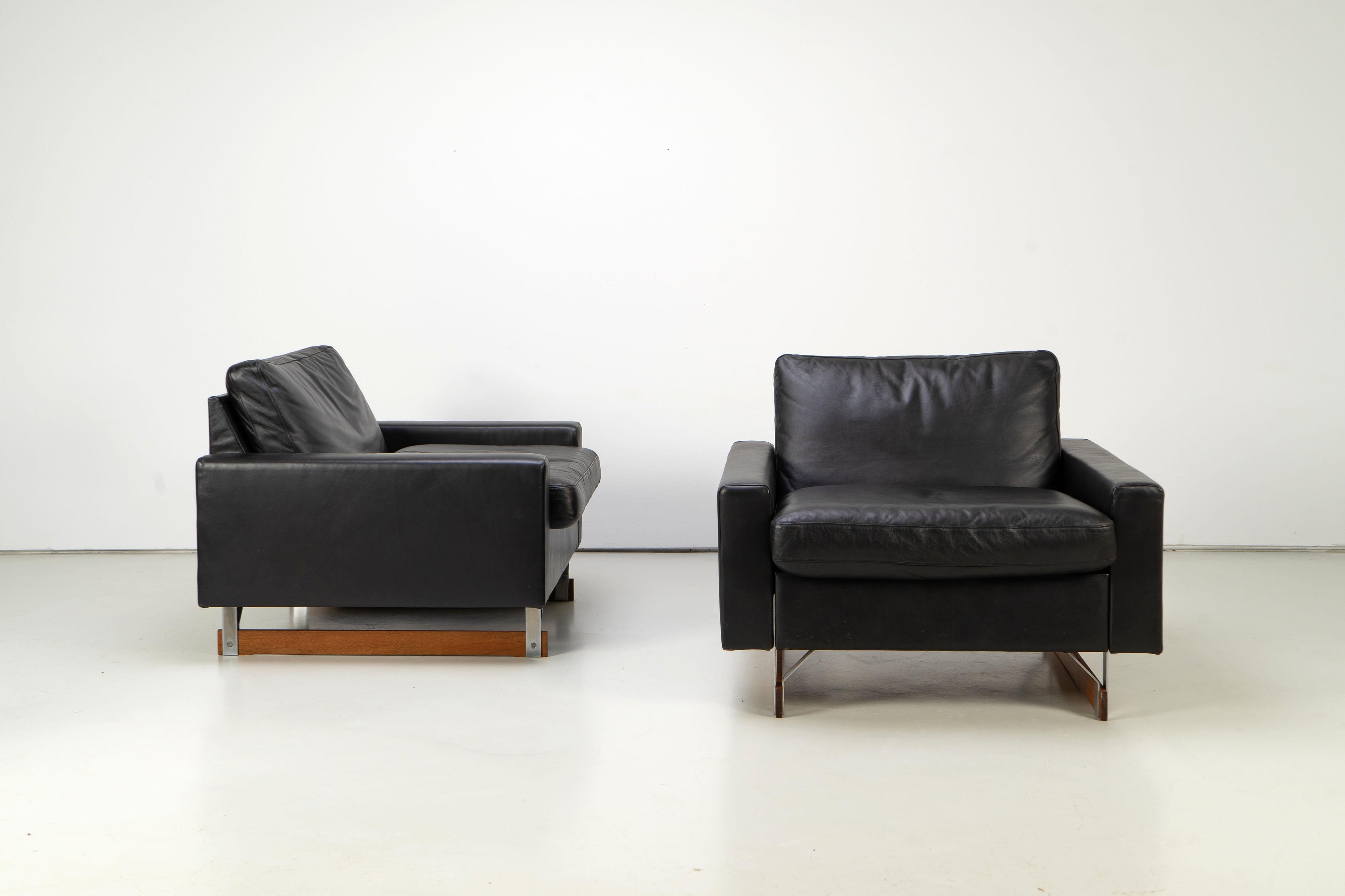 Set of Two Mid-Century Modern Leather Club Chairs with Wooden Sleds, 1960s For Sale 5