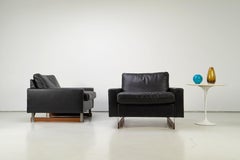 Set of Two Mid-Century Modern Leather Club Chairs with Wooden Sleds, 1960s