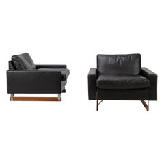 Set of Two Mid-Century Modern Leather Club Chairs with Wooden Sleds, 1960s
