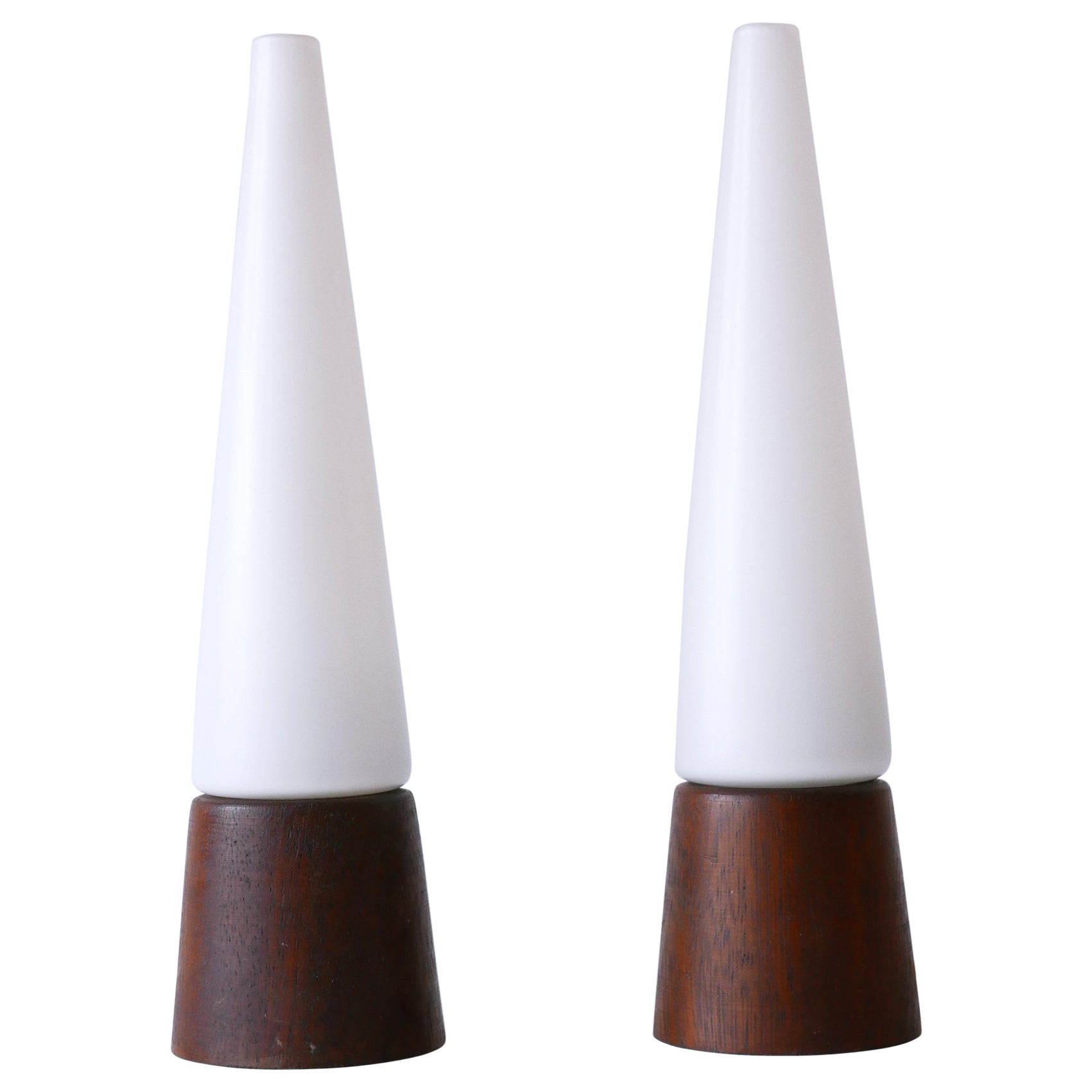 Set of Two Mid-Century Modern Opaline Glass & Teak Table Lamps Scandinavia 1960s For Sale