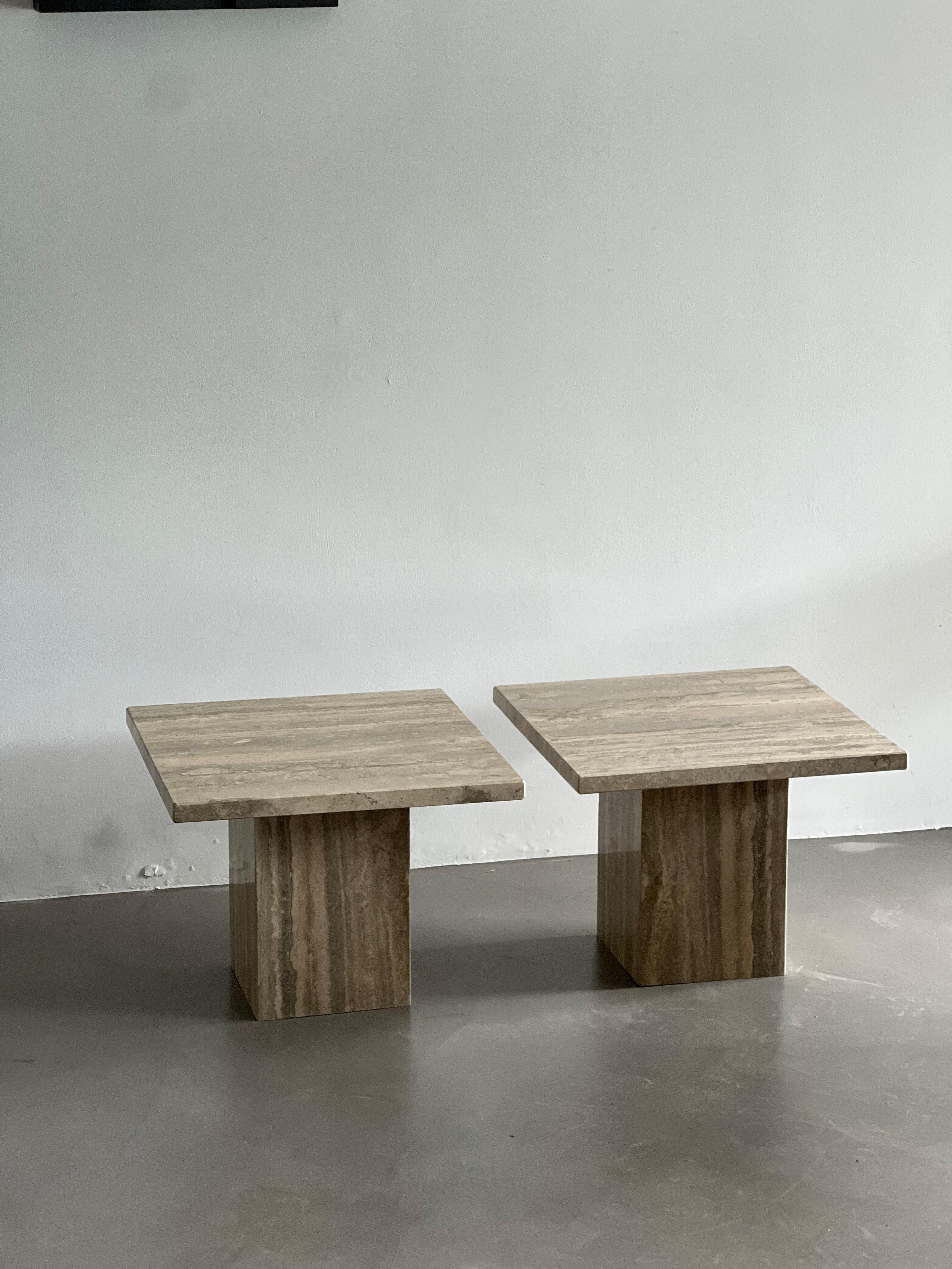 Italian Set of Two Mid-Century Modern Side Tables in Travertine, Urban Wabi Style, Pair For Sale