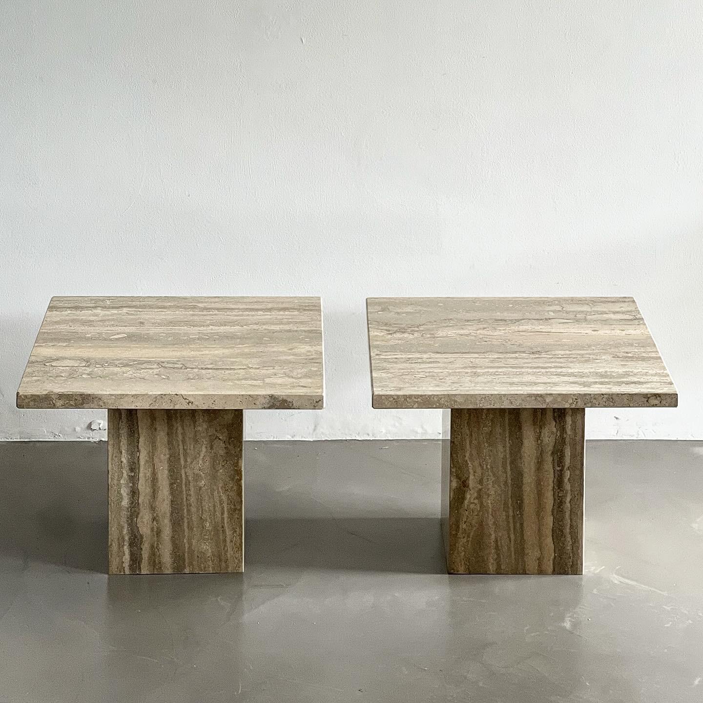 Late 20th Century Set of Two Mid-Century Modern Side Tables in Travertine, Urban Wabi Style, Pair For Sale