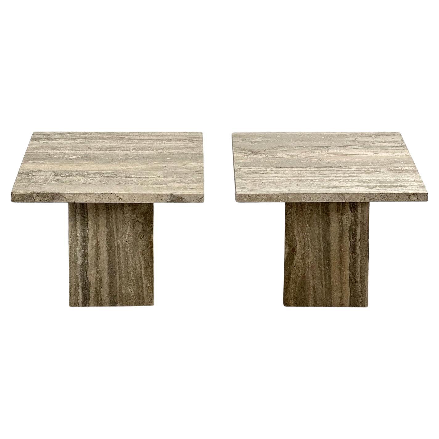 Set of Two Mid-Century Modern Side Tables in Travertine, Urban Wabi Style, Pair