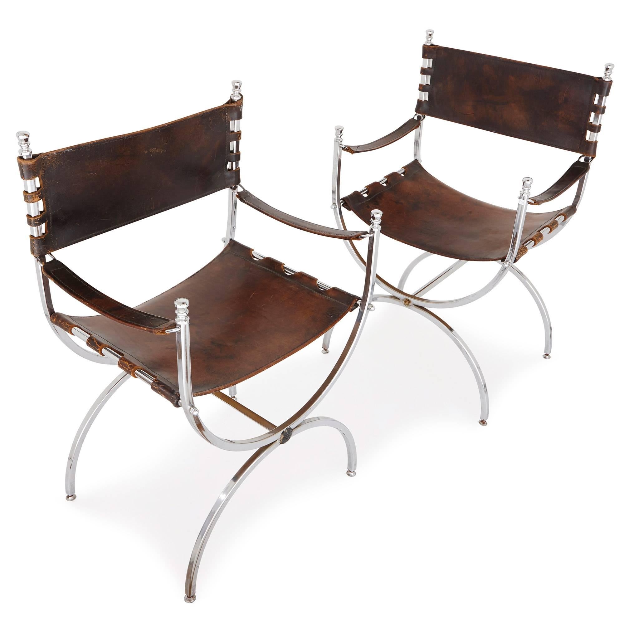 20th Century Set of Two Mid-Century Modern Silvered and Leather Chairs For Sale