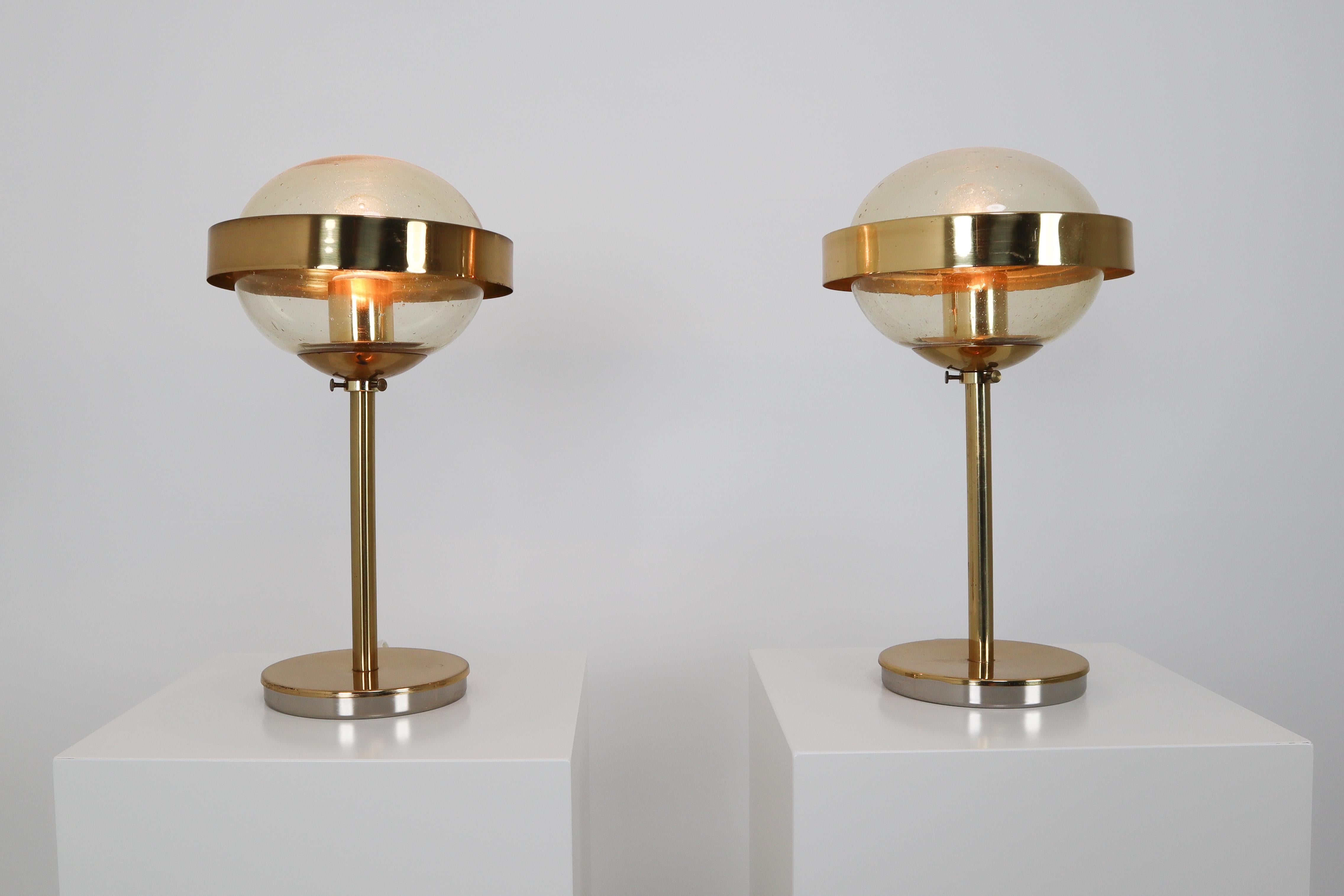 Austrian Set of Two Mid-Century Modernist Hand-Blowed Glass and Brass Table Lamps, 1960s 