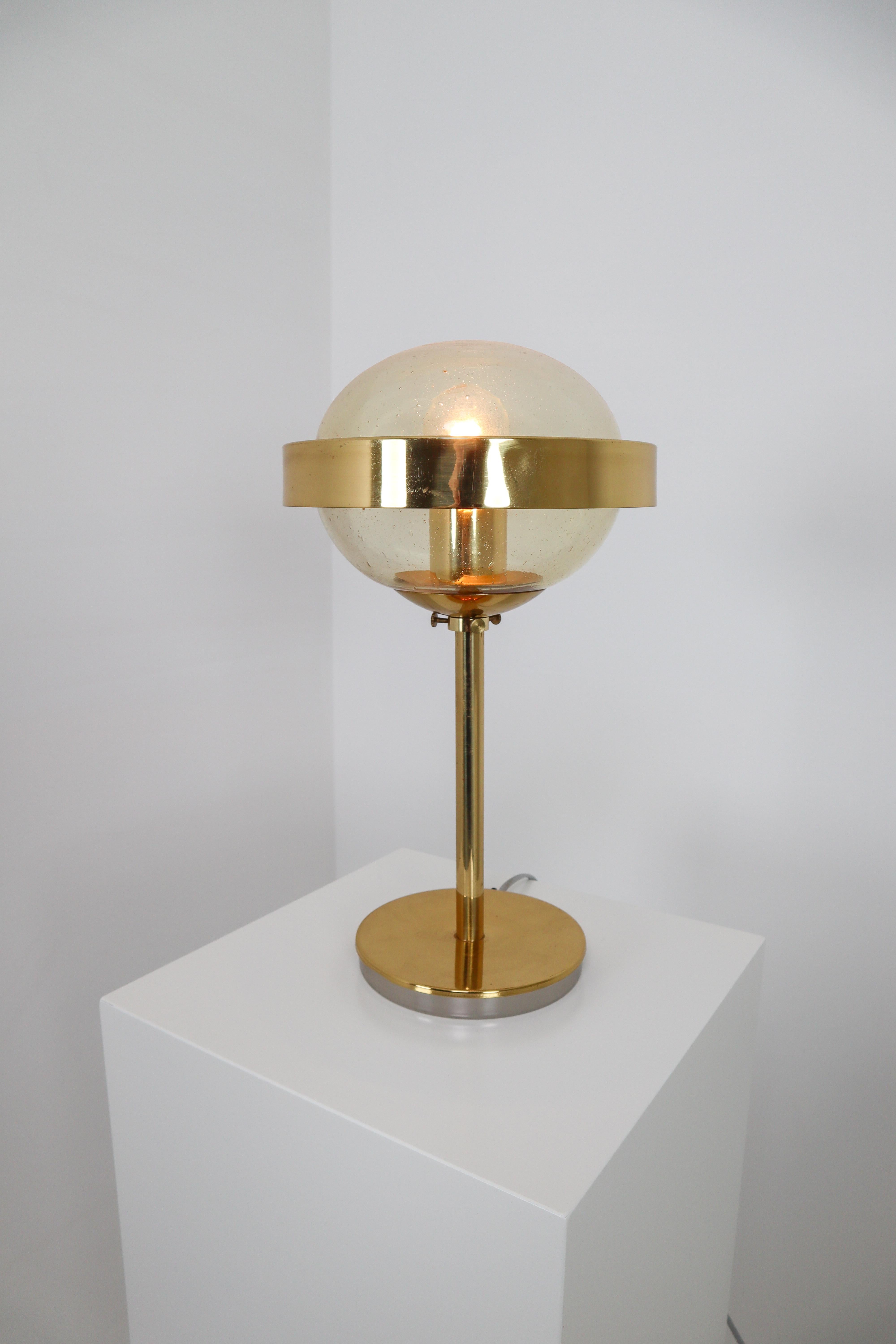 Set of Two Mid-Century Modernist Hand-Blowed Glass and Brass Table Lamps, 1960s  In Good Condition In Almelo, NL