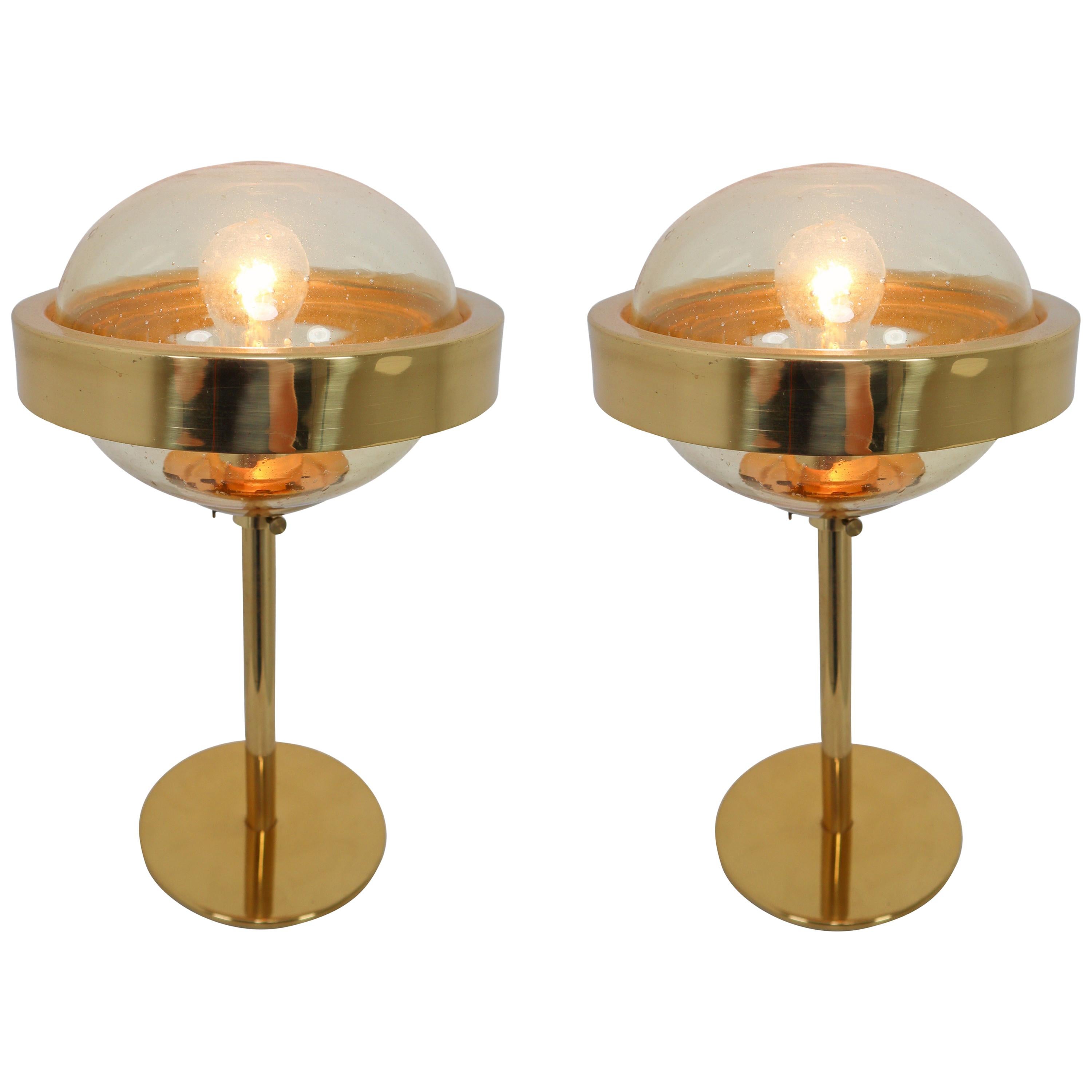 Set of Two Mid-Century Modernist Hand-Blowed Glass and Brass Table Lamps, 1960s 