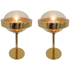 Set of Two Mid-Century Modernist Hand-Blowed Glass and Brass Table Lamps, 1960s