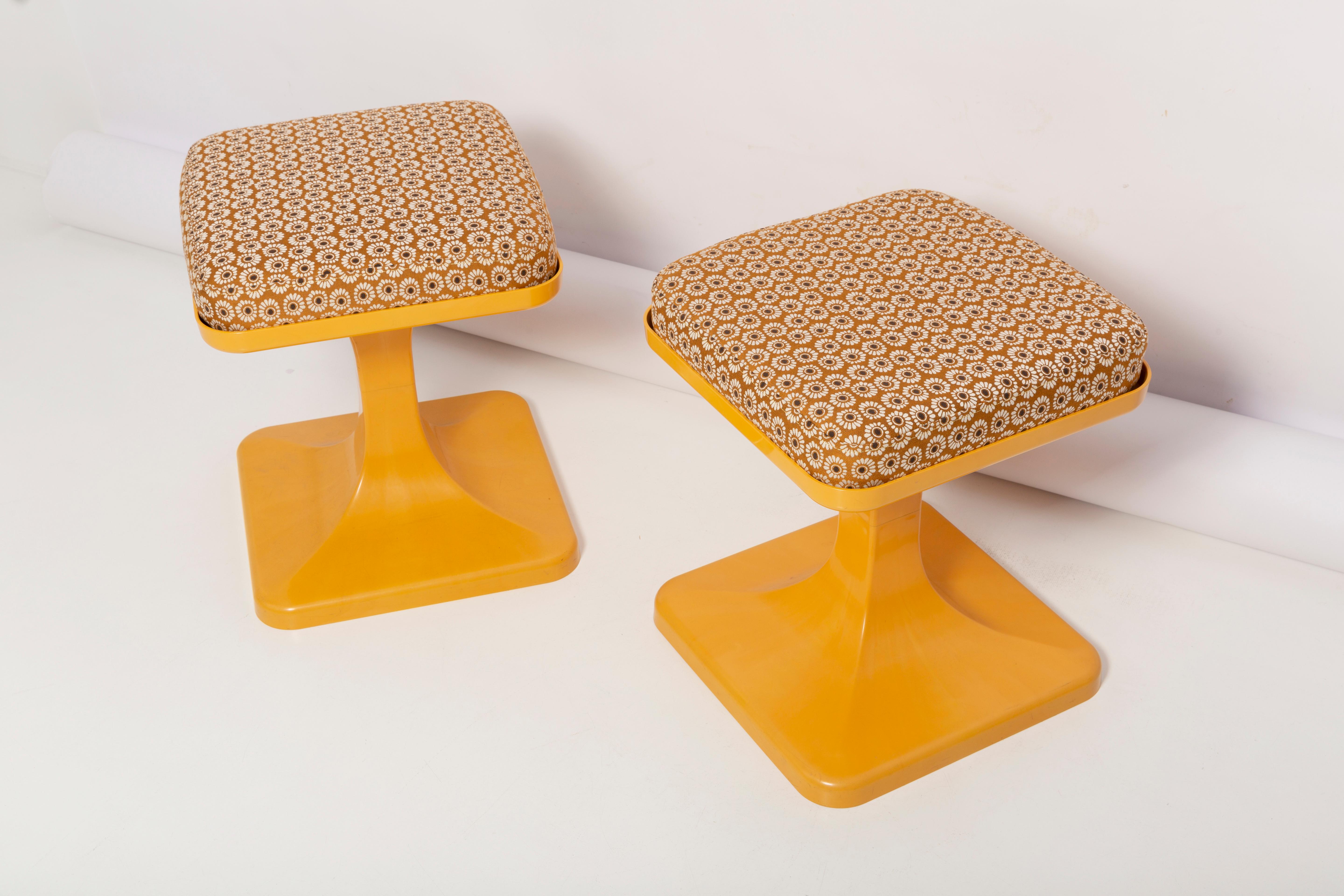 Polish Set of Two Mid Century Mustard Yellow Flowers Stools, Poland, 1970s