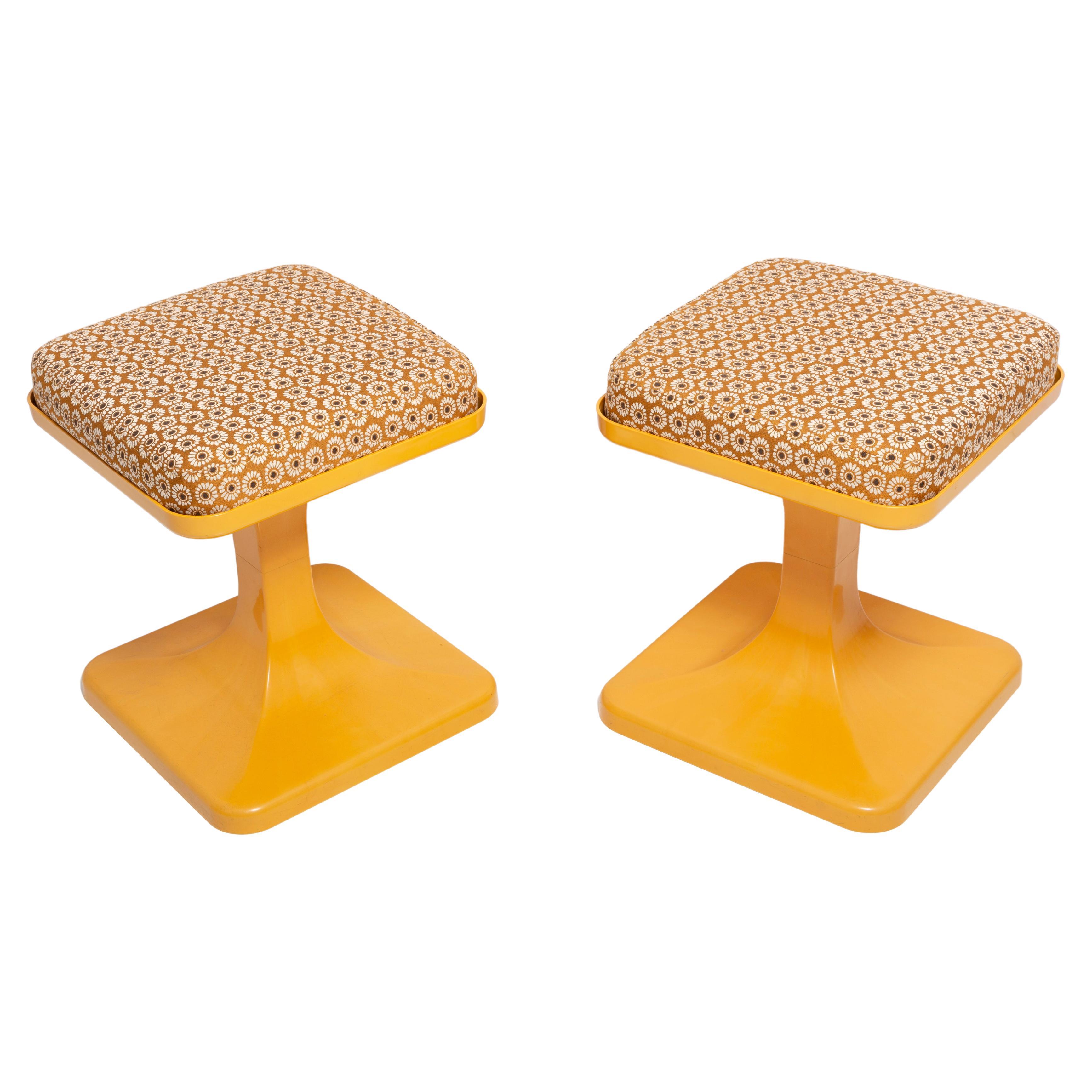 Set of Two Mid Century Mustard Yellow Flowers Stools, Poland, 1970s