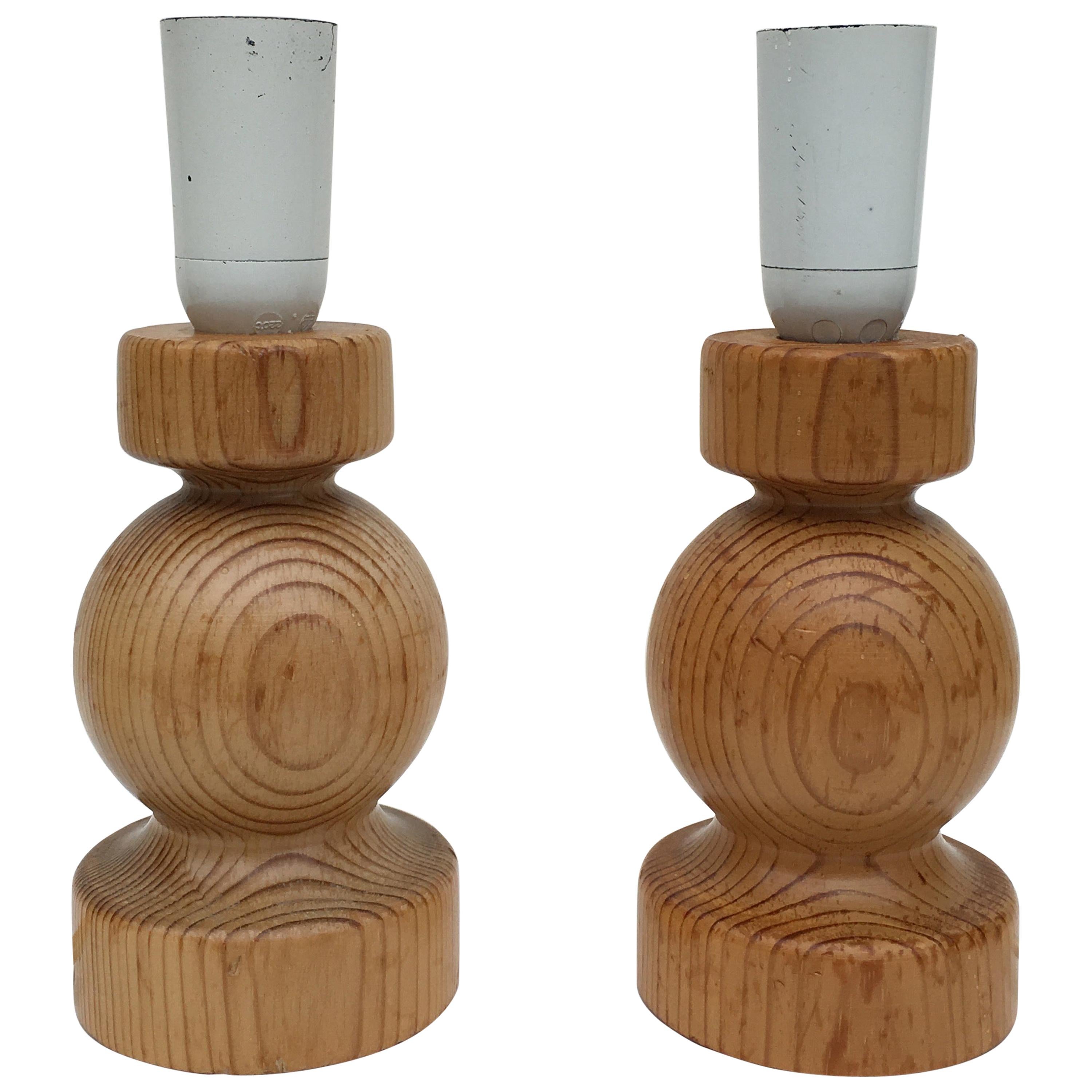 Set of Two Midcentury Swedish Small Solid Pine Table Lamp Base For Sale