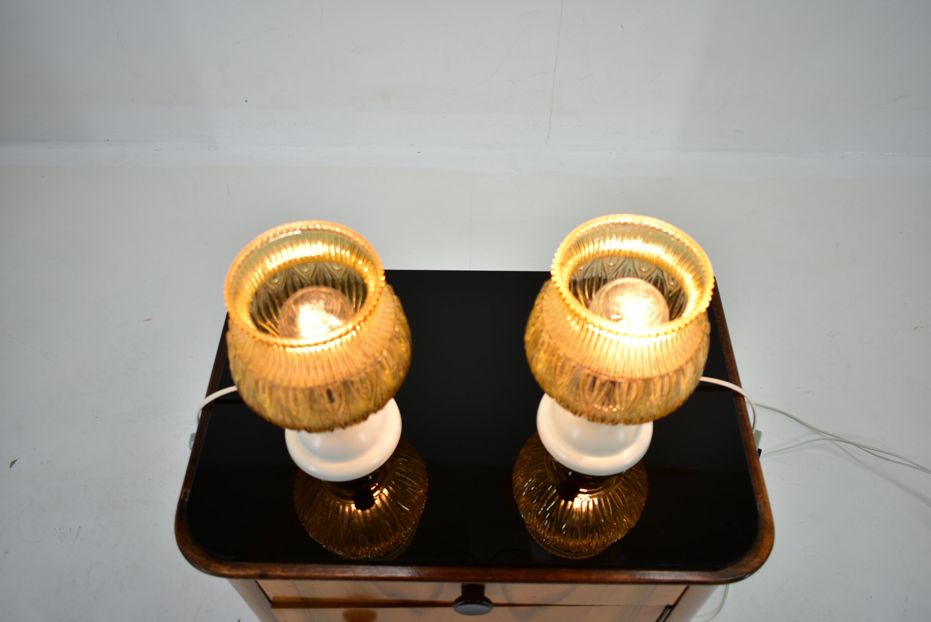 Glass Set of Two Mid-Century Table Lamps, Czechoslovakia, 1970s For Sale