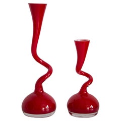Set of Two Mid Century Twisted Red Vases, Europe, 1960s