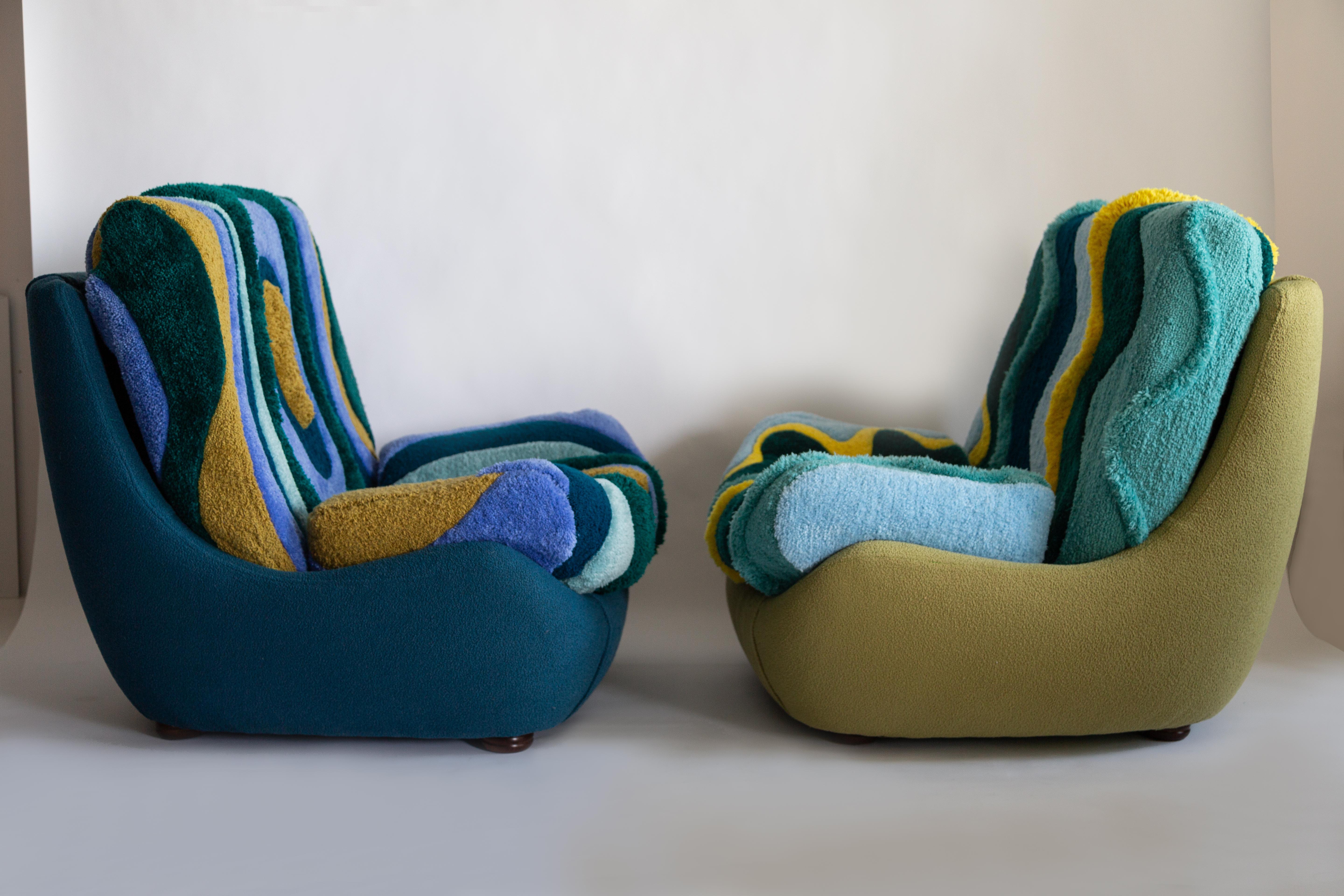 Mid-Century Modern Set of Two Mid Century Vintage Hand Tufting Blue Atlantis Big Armchairs, 1960s For Sale