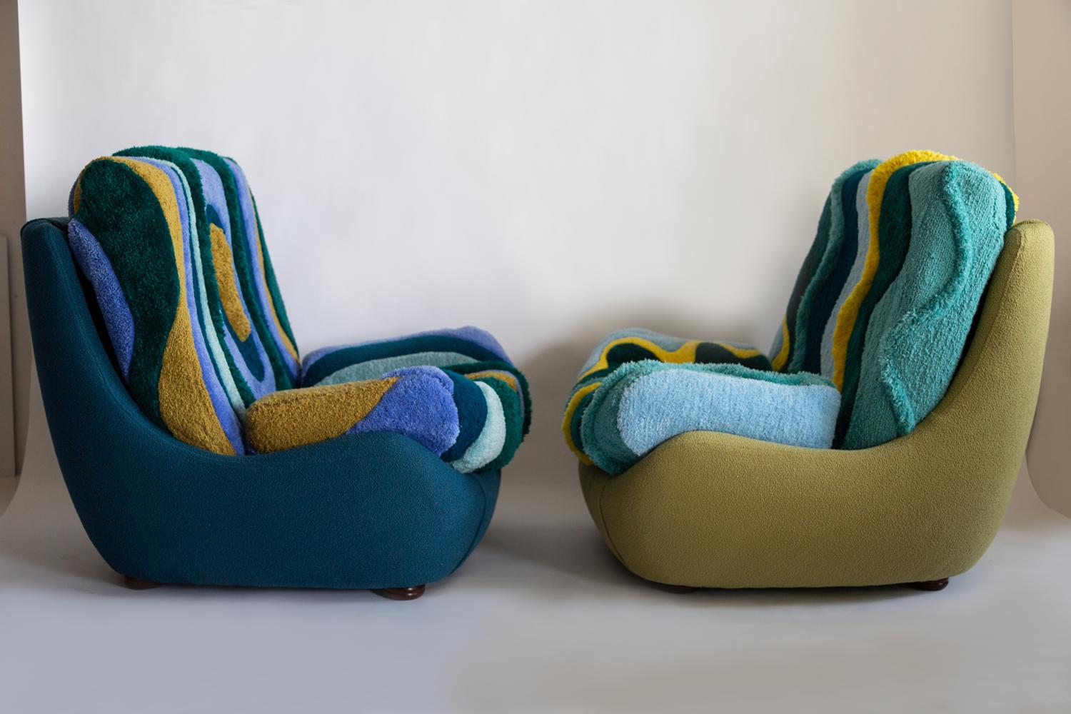 Velvet Set of Two Mid Century Vintage Hand Tufting Blue Atlantis Big Armchairs, 1960s For Sale