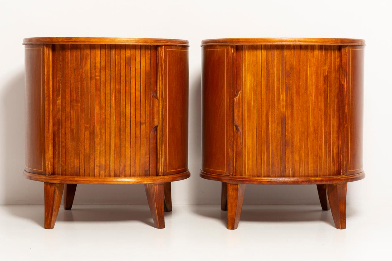 Hand-Painted Set of Two Mid-Century Vintage Night Tables, Beech Wood, Europe, 1960s For Sale