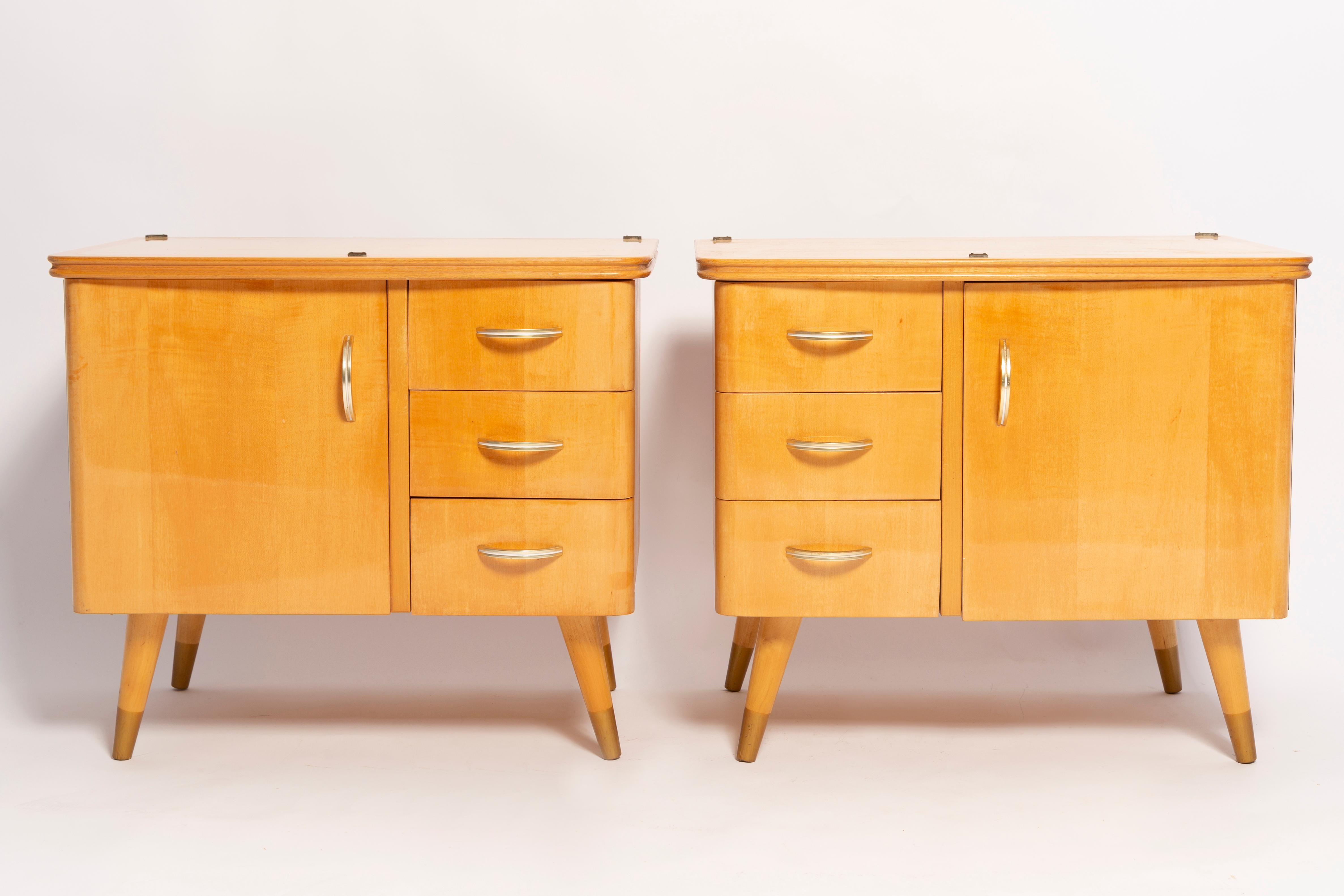 Set of two bedroom night tables from the 1960s. It was manufactured in Poland. They was made of wood, it was refreshed. Very good original vintage condition.