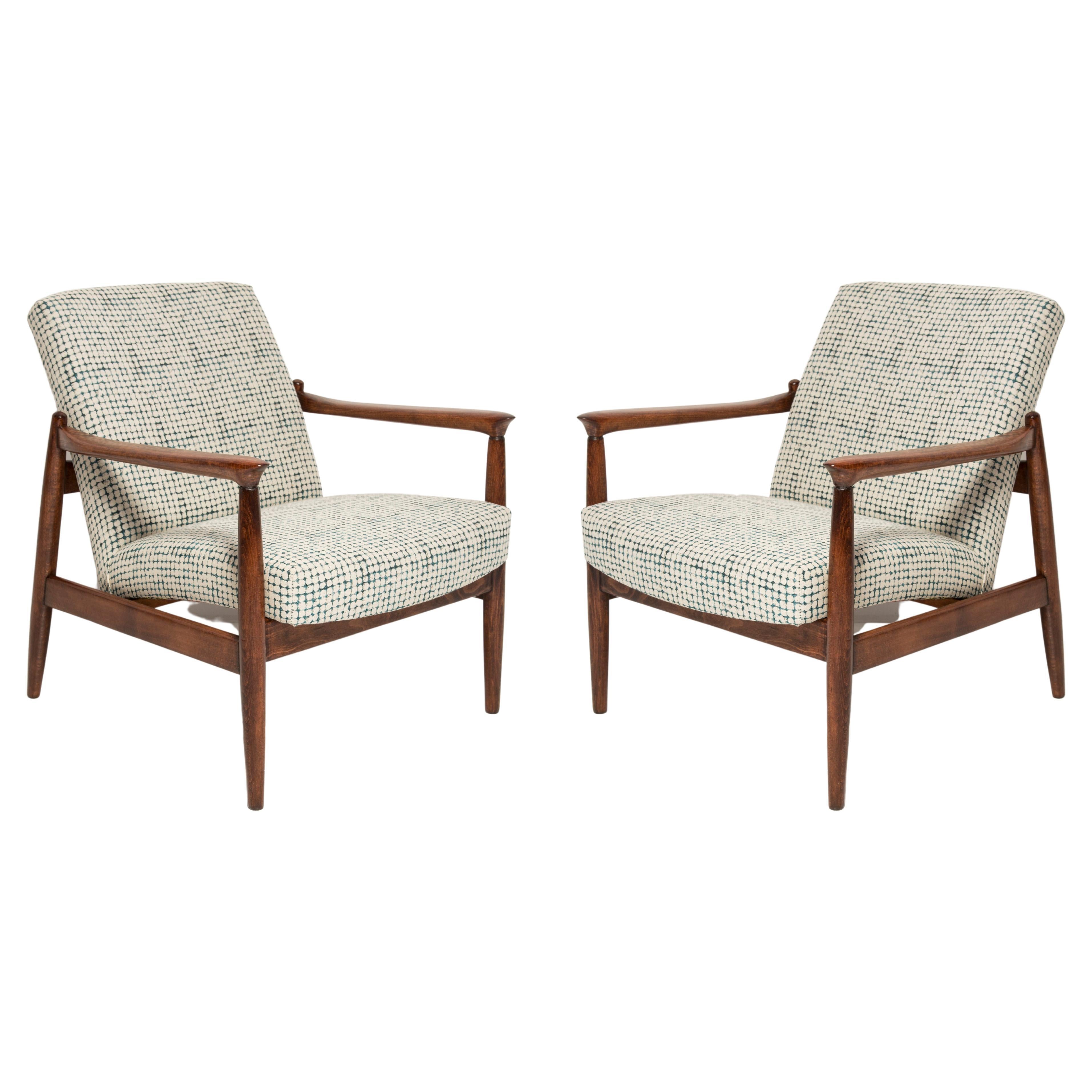 Set of Two Mid Century White and Aqua GFM 64 Armchairs, Edmund Homa, Europe, 1960s For Sale