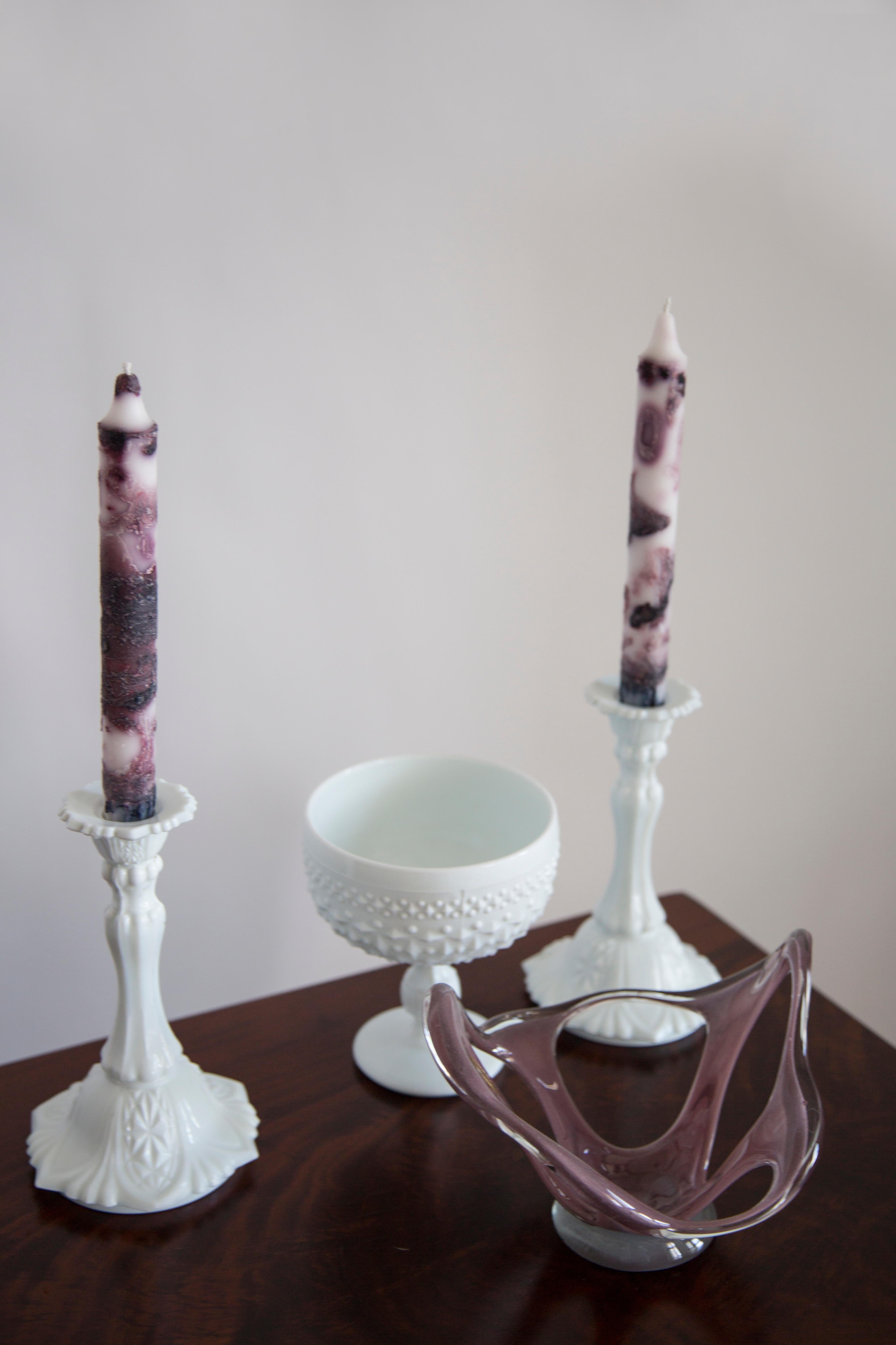 Set of two midcentury Polish modern glass candlesticks, circa 1960. 
Very good condition. One crack as on pictures - that's why lower price. Beautiful white glass.