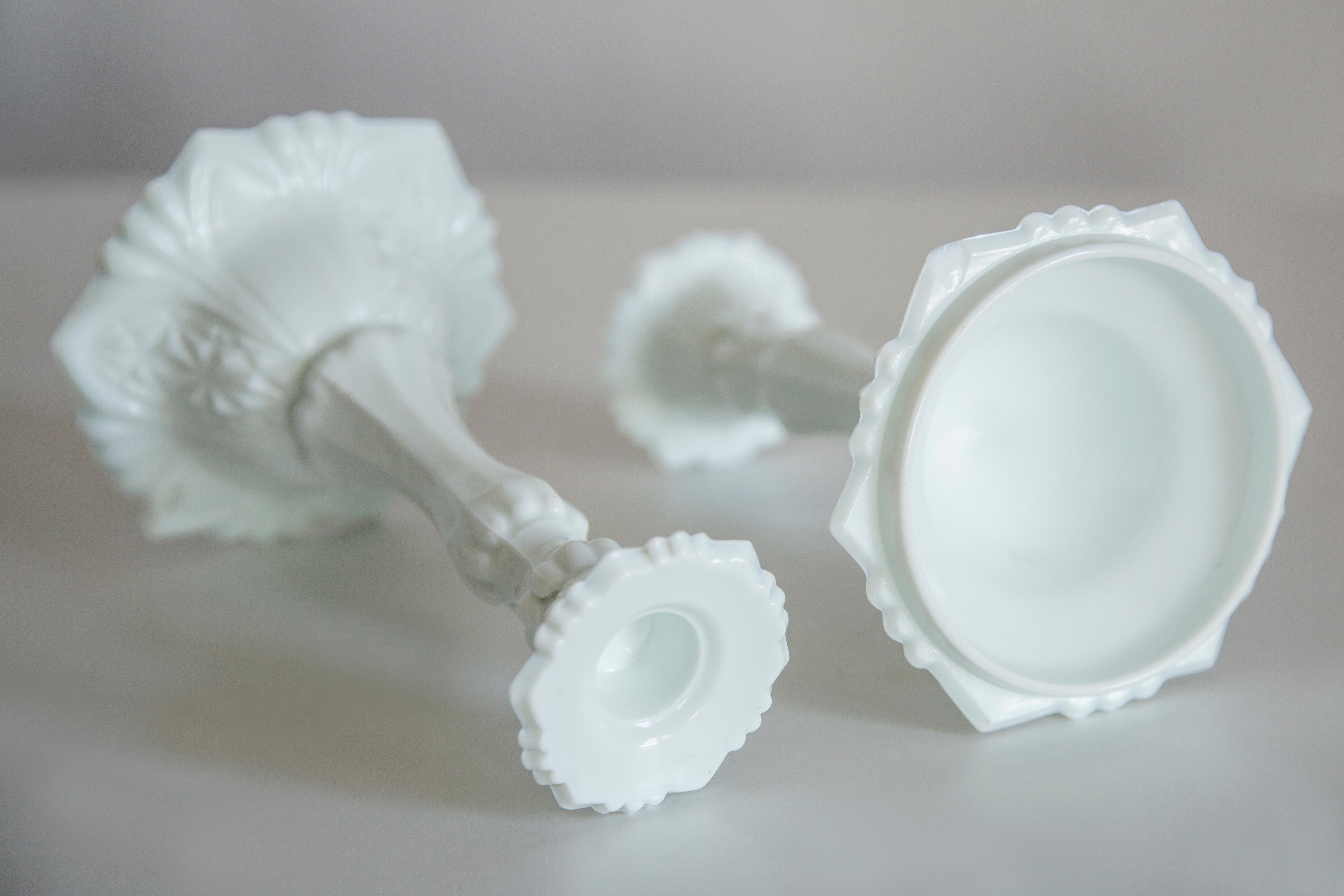 Set of Two Mid Century White Glass Candlesticks, Europe, 1960s 1
