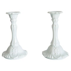 Set of Two Mid Century White Glass Candlesticks, Europe, 1960s
