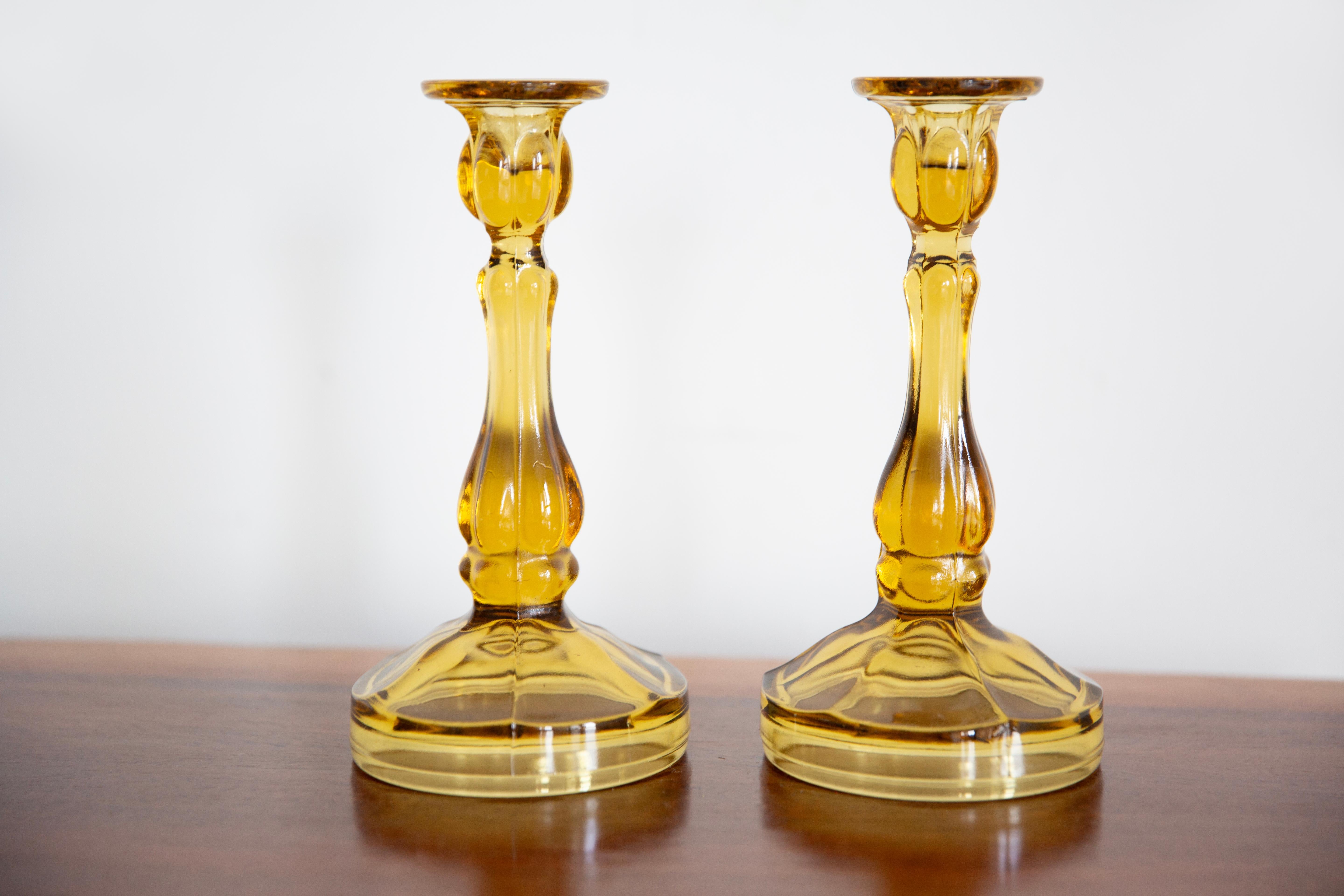Mid-Century Modern Set of Two Mid Century Yellow Glass Candlesticks, Europe, 1960s For Sale
