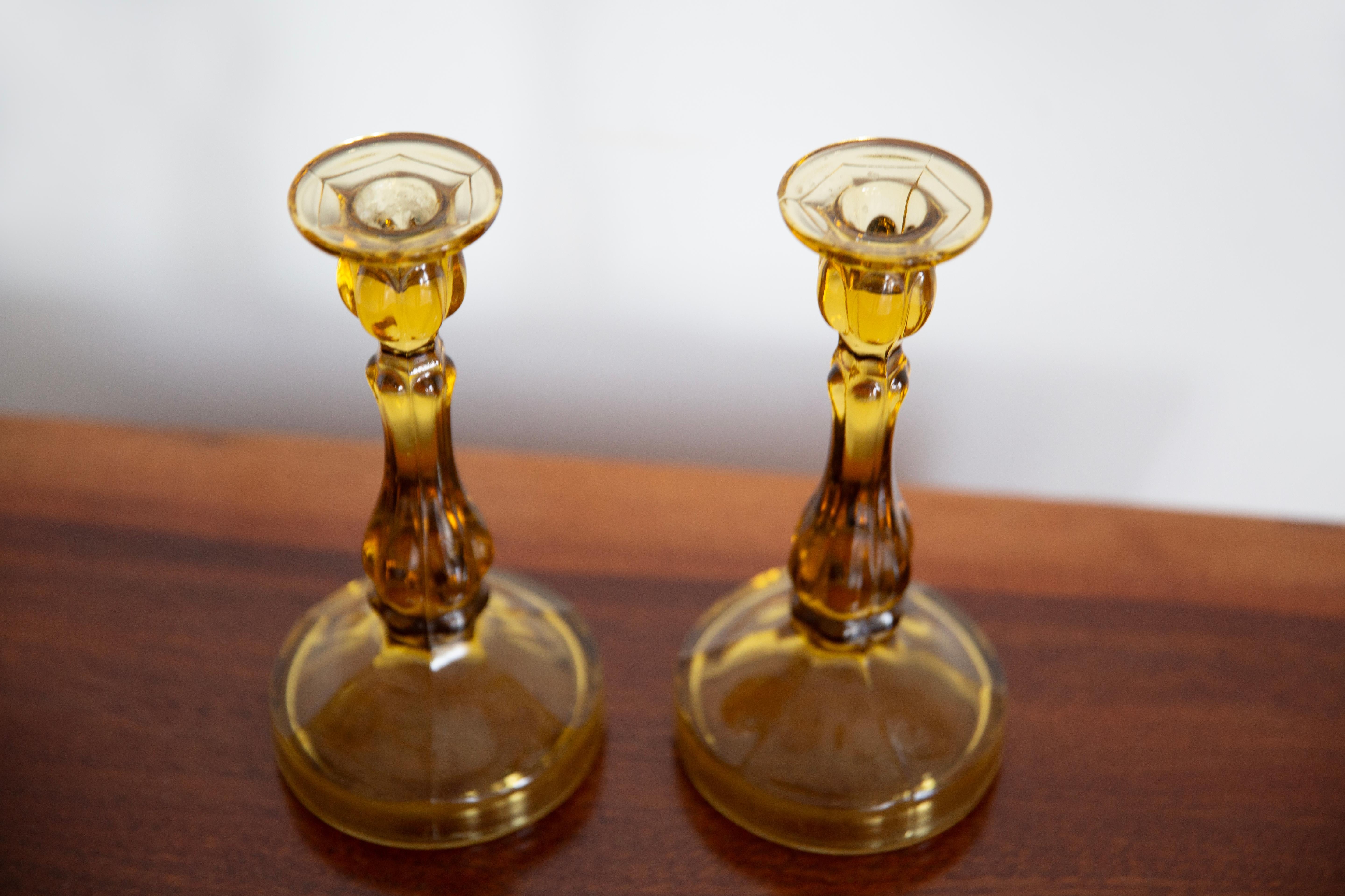 Polish Set of Two Mid Century Yellow Glass Candlesticks, Europe, 1960s For Sale
