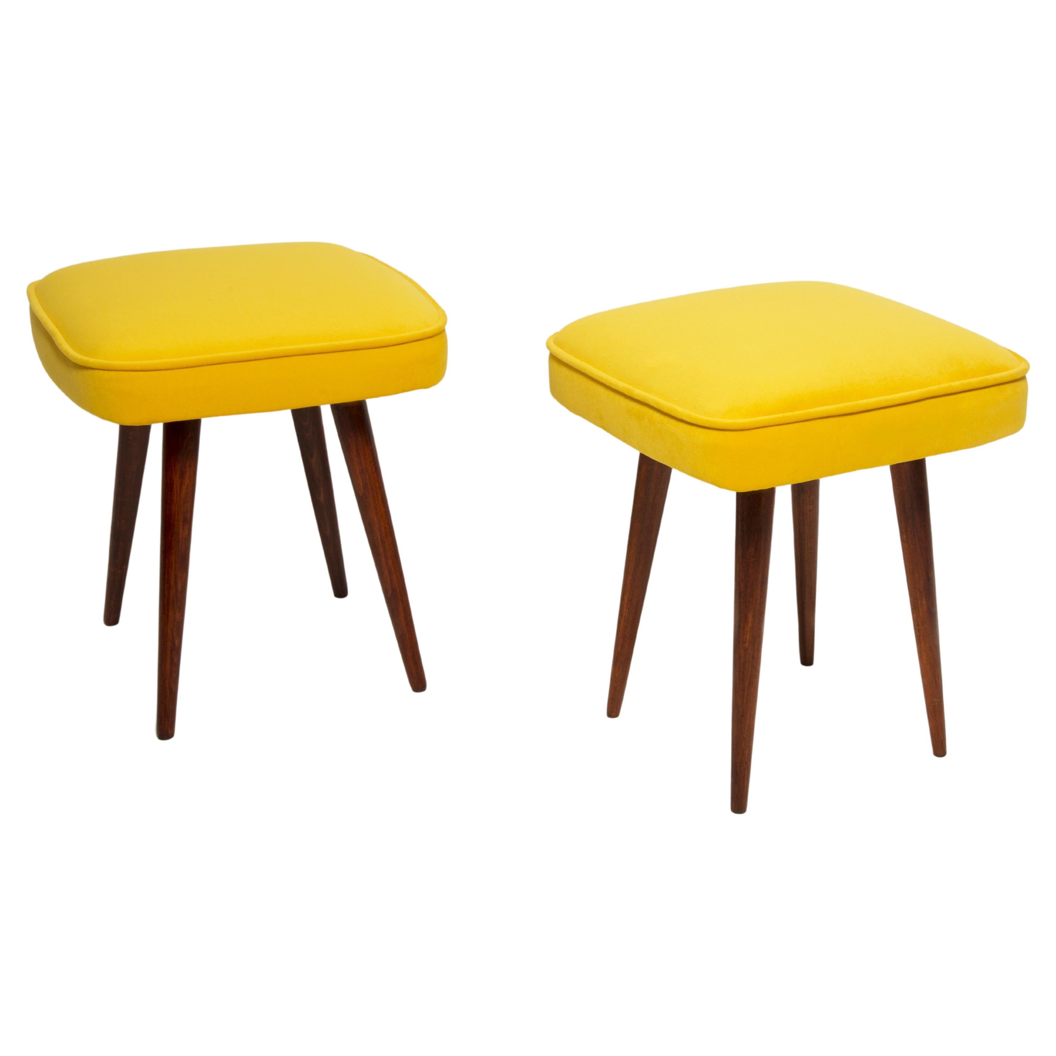 Set of Two Mid-Century Yellow Velvet Foot Stools, Europe, 1960s For Sale