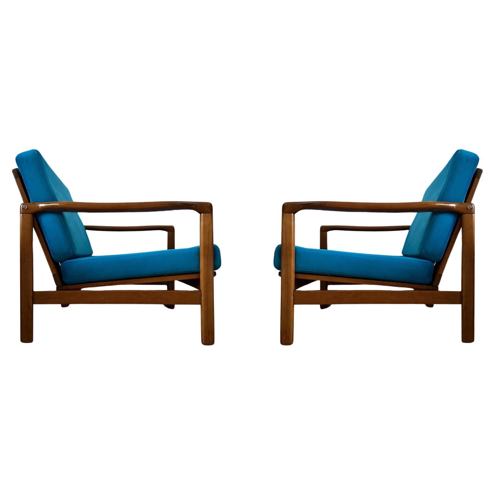 Set of Two Midcentury Armchairs, Blue Velvet Upholstery, Poland, 1960s