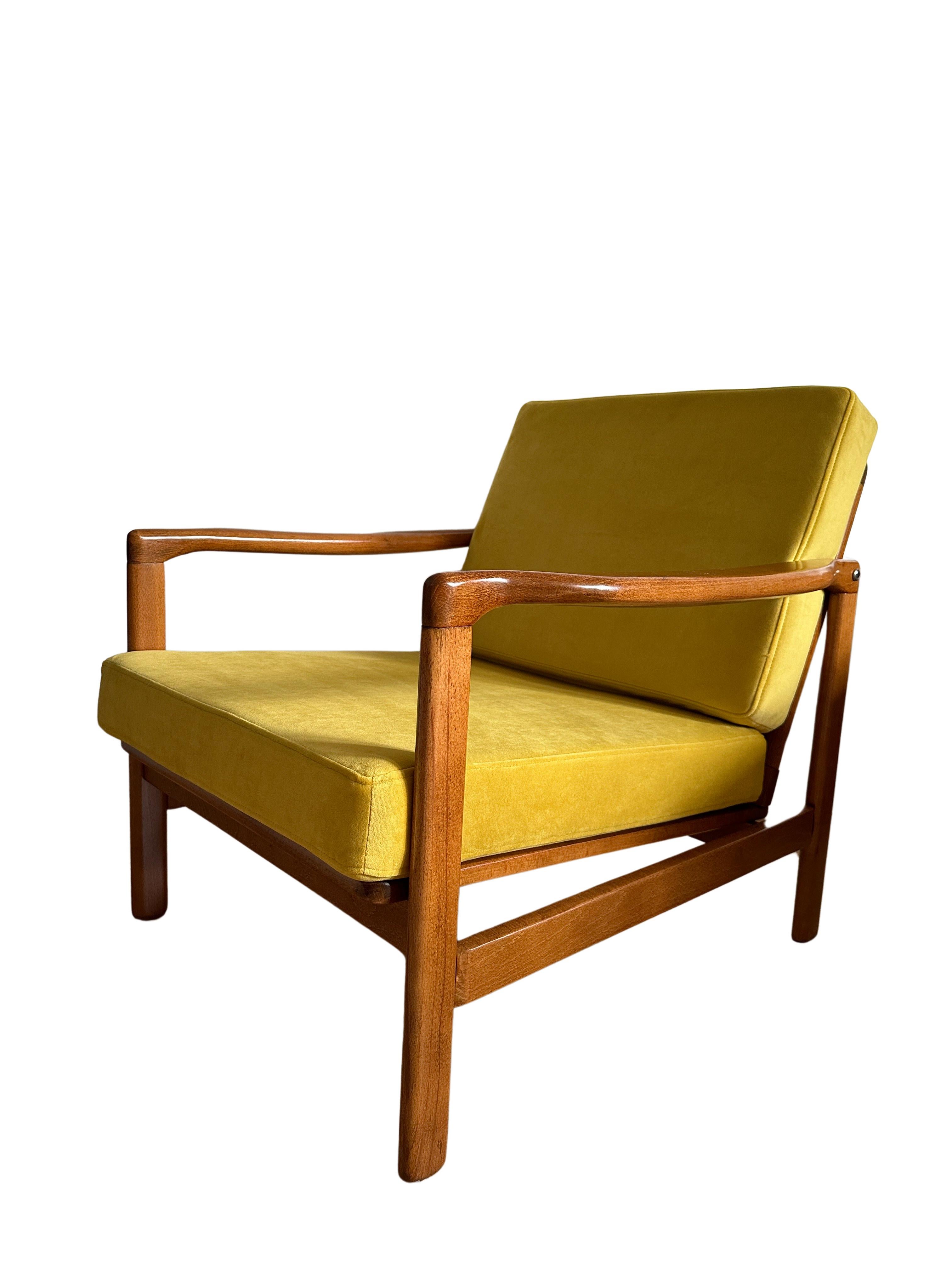 Polish Set of Two Midcentury Armchairs, Yellow Velvet Upholstery, Poland, 1960s
