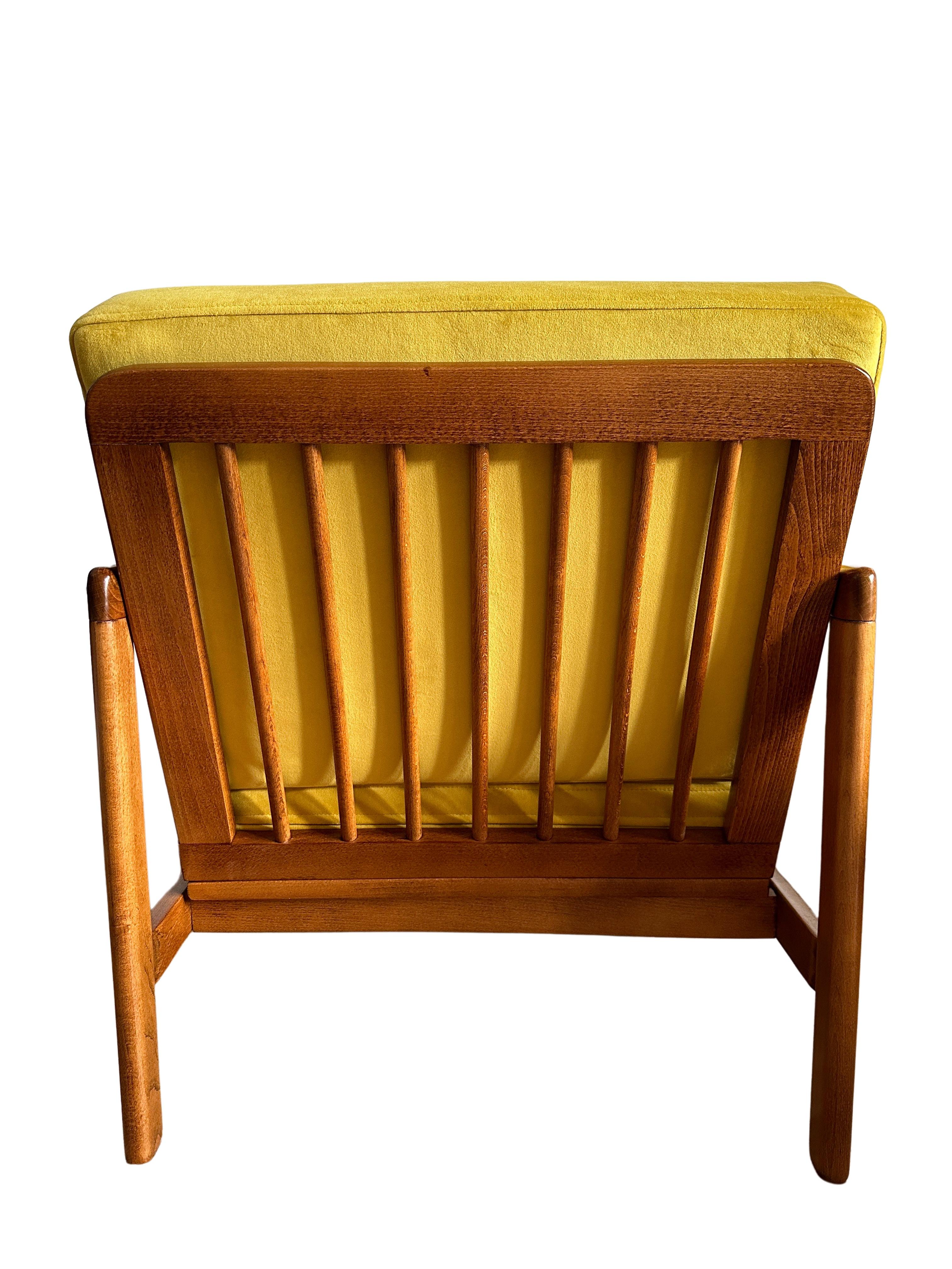 Beech Set of Two Midcentury Armchairs, Yellow Velvet Upholstery, Poland, 1960s