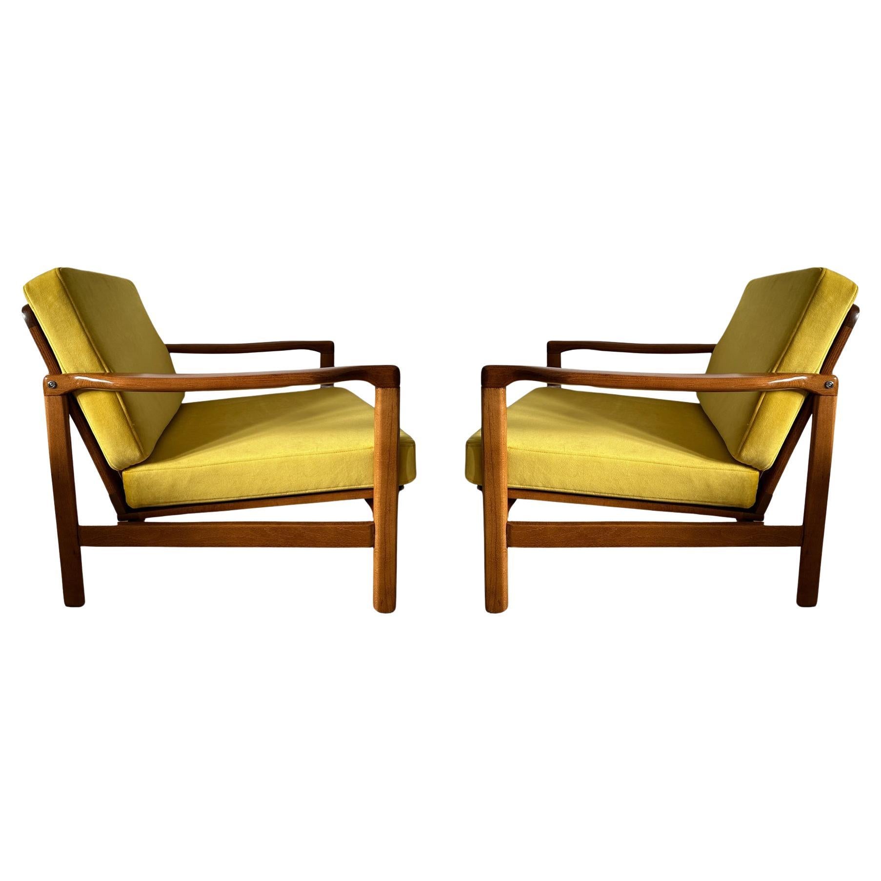 Set of Two Midcentury Armchairs, Yellow Velvet Upholstery, Poland, 1960s
