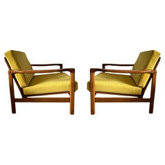 Set of Two Midcentury Armchairs, Yellow Velvet Upholstery, Poland, 1960s