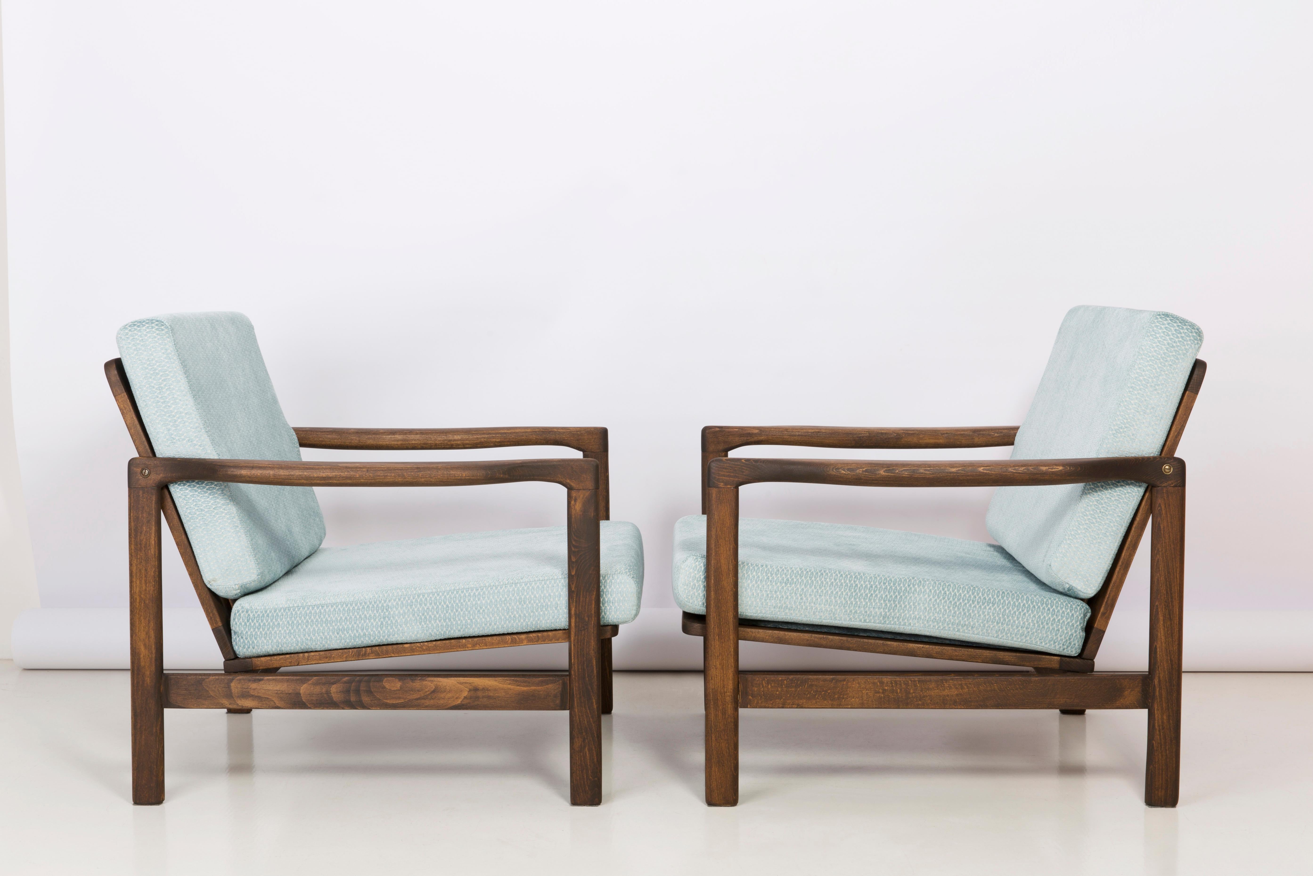 Hand-Crafted Set of Two Midcentury Baby Blue Pattern Velvet Armchairs, Zenon Baczyk, 1960s For Sale