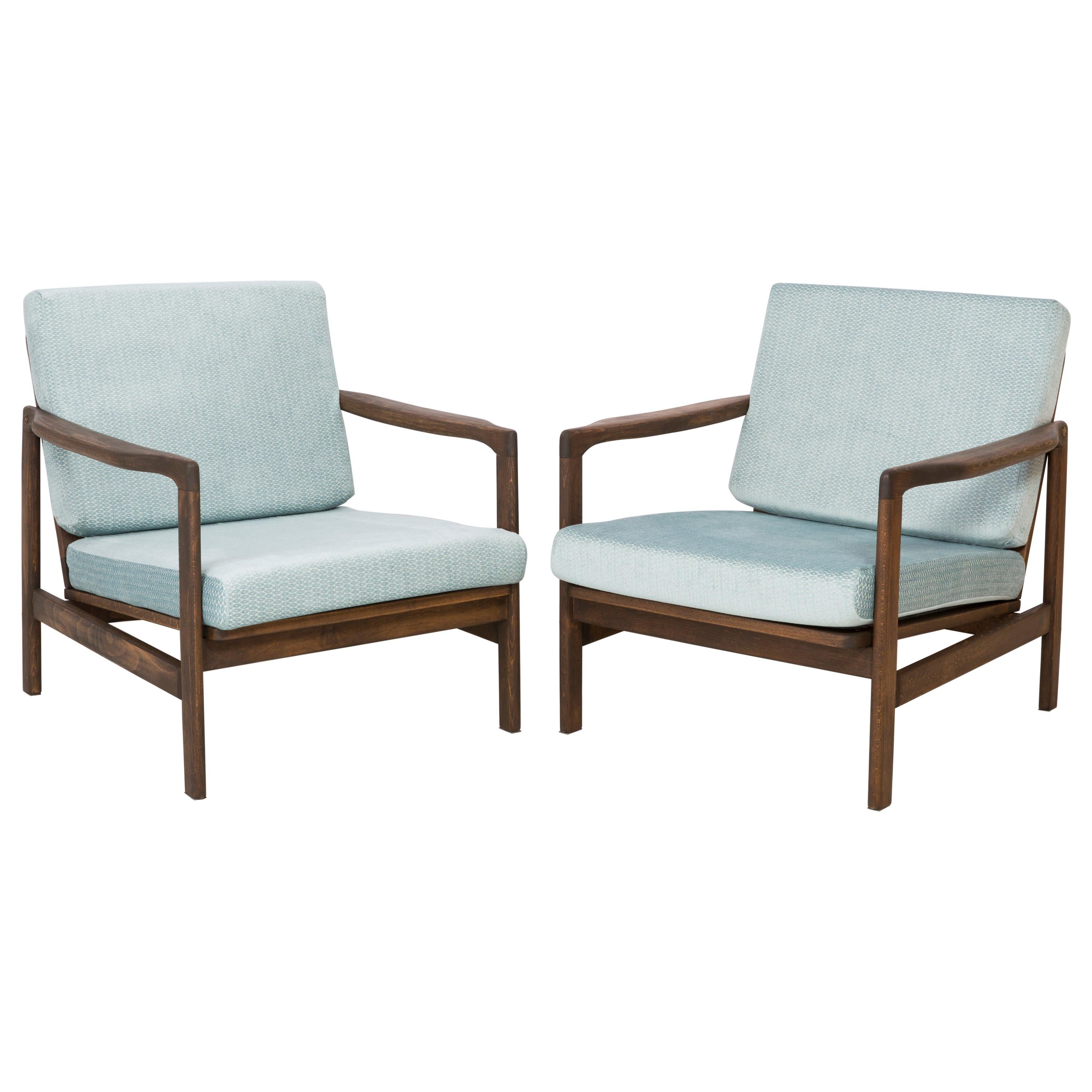 Set of Two Midcentury Baby Blue Pattern Velvet Armchairs, Zenon Baczyk, 1960s