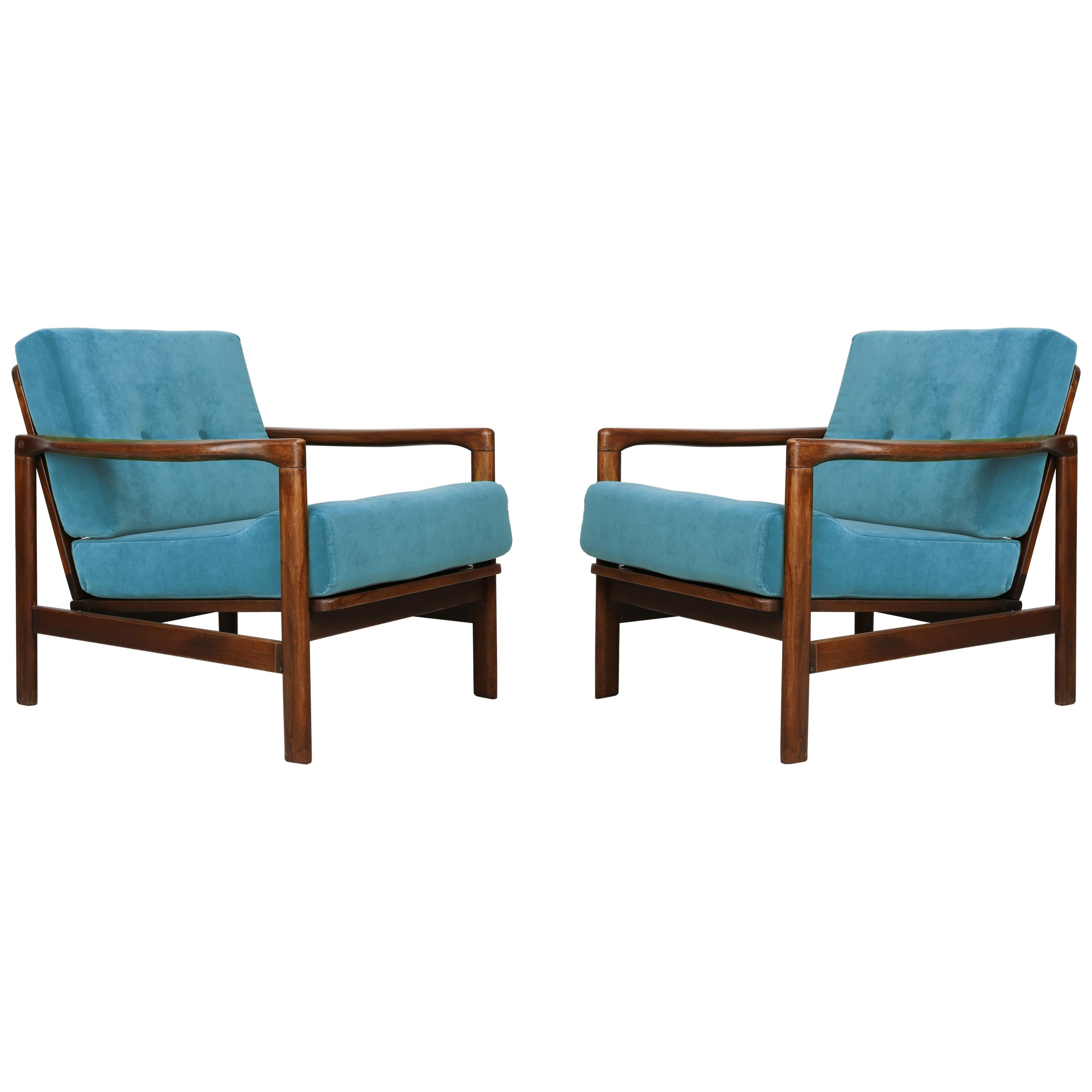 Set of Two Midcentury Blue Velvet Armchairs, Zenon Baczyk, 1960s For Sale