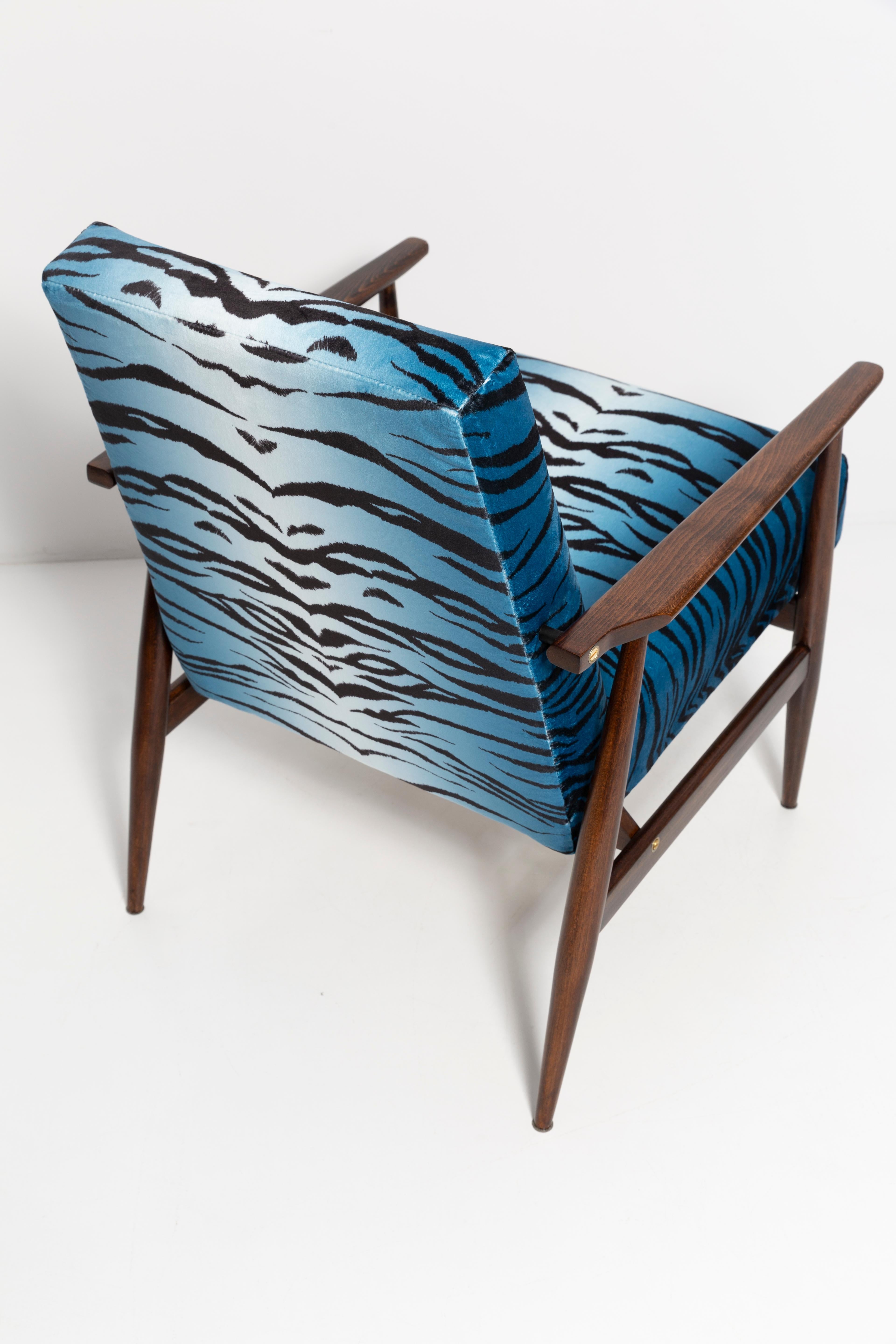Set of Two Midcentury Blue Zebra Print Velvet Dante Armchairs, H. Lis, 1960s For Sale 1