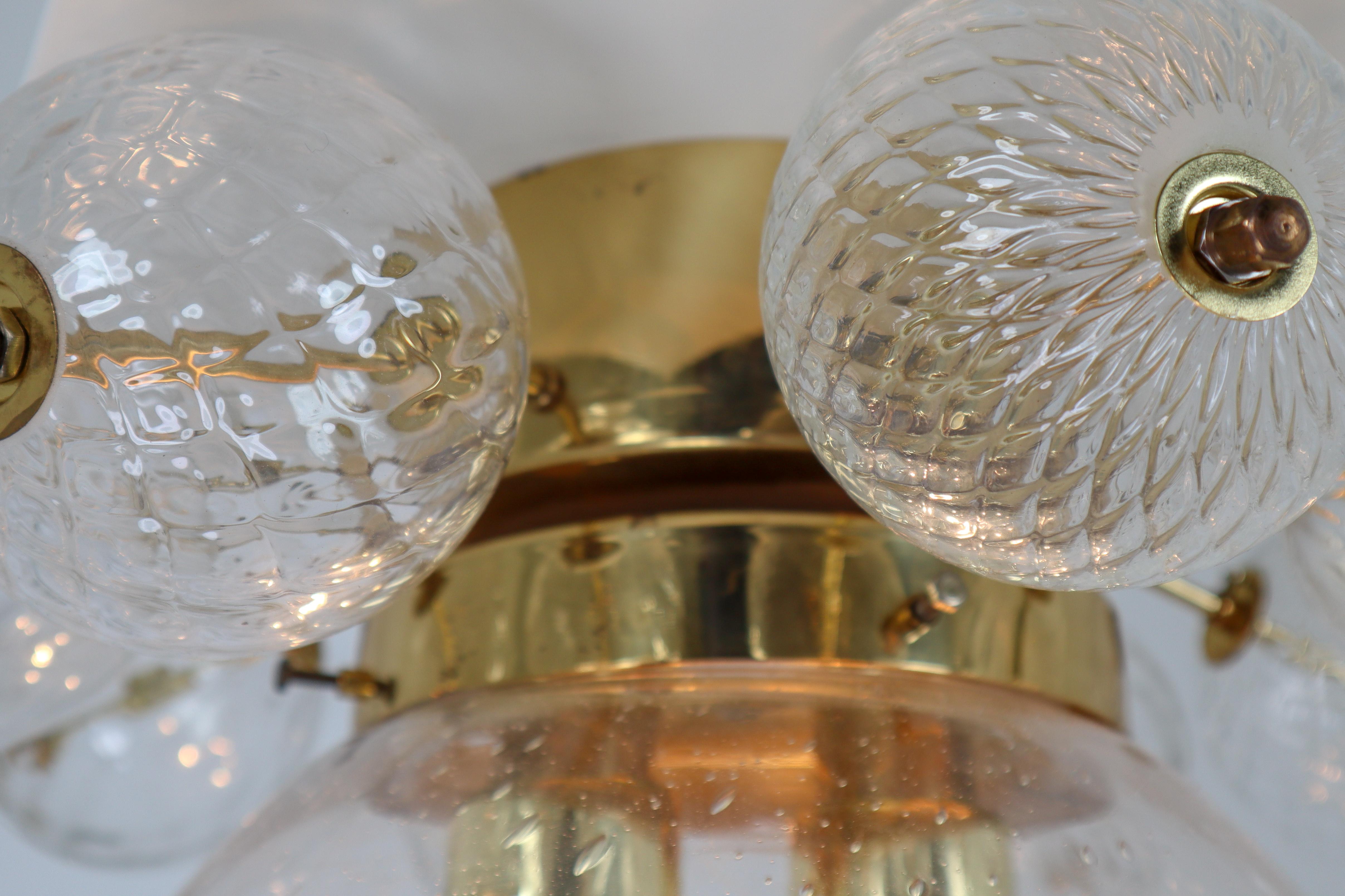 Austrian Set of Two Midcentury Brass Ceiling Lamp-Chandeliers with Handblown Glass