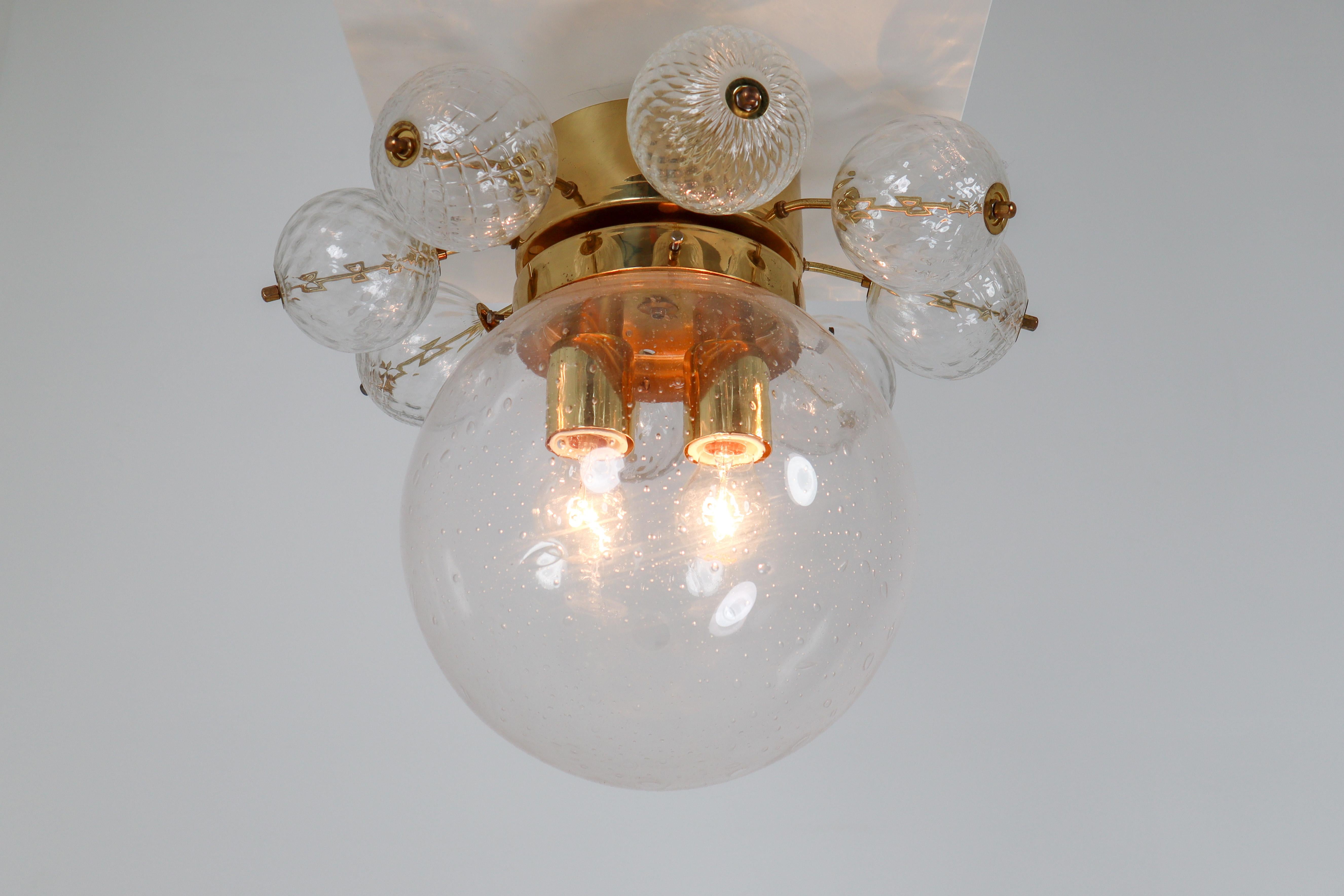 Set of Two Midcentury Brass Ceiling Lamp-Chandeliers with Handblown Glass 1