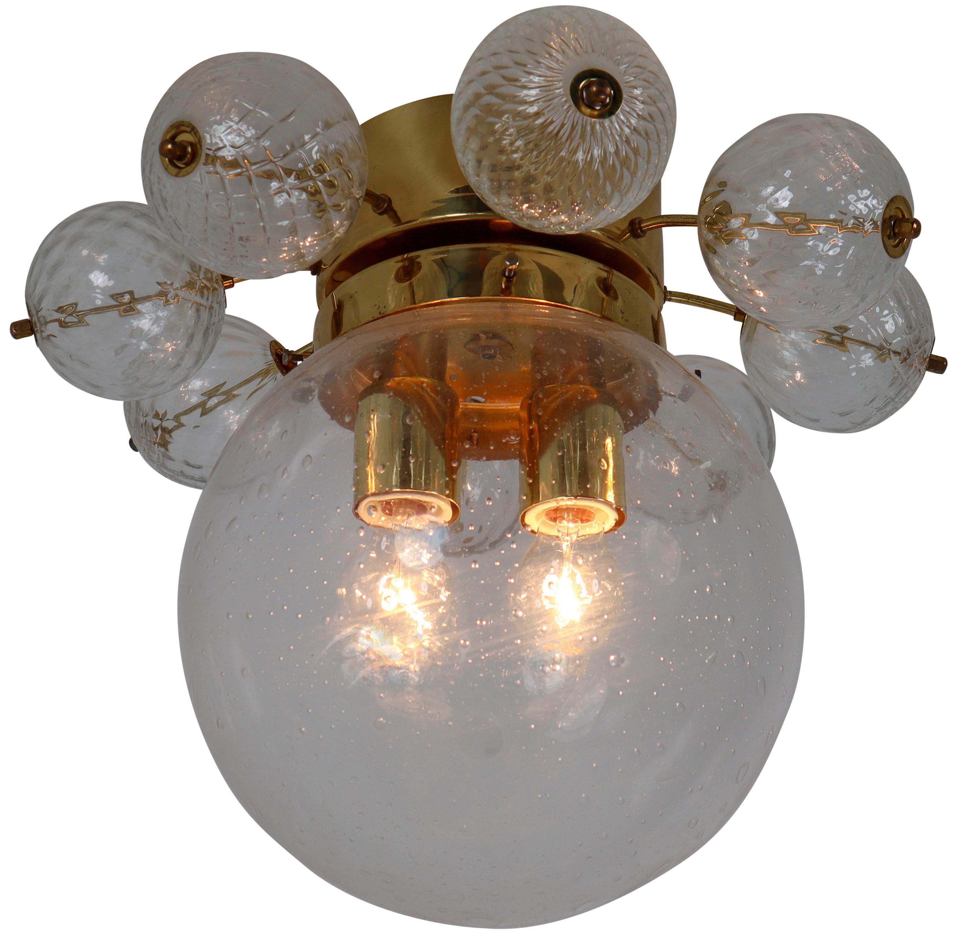Set of Two Midcentury Brass Ceiling Lamp-Chandeliers with Handblown Glass 2