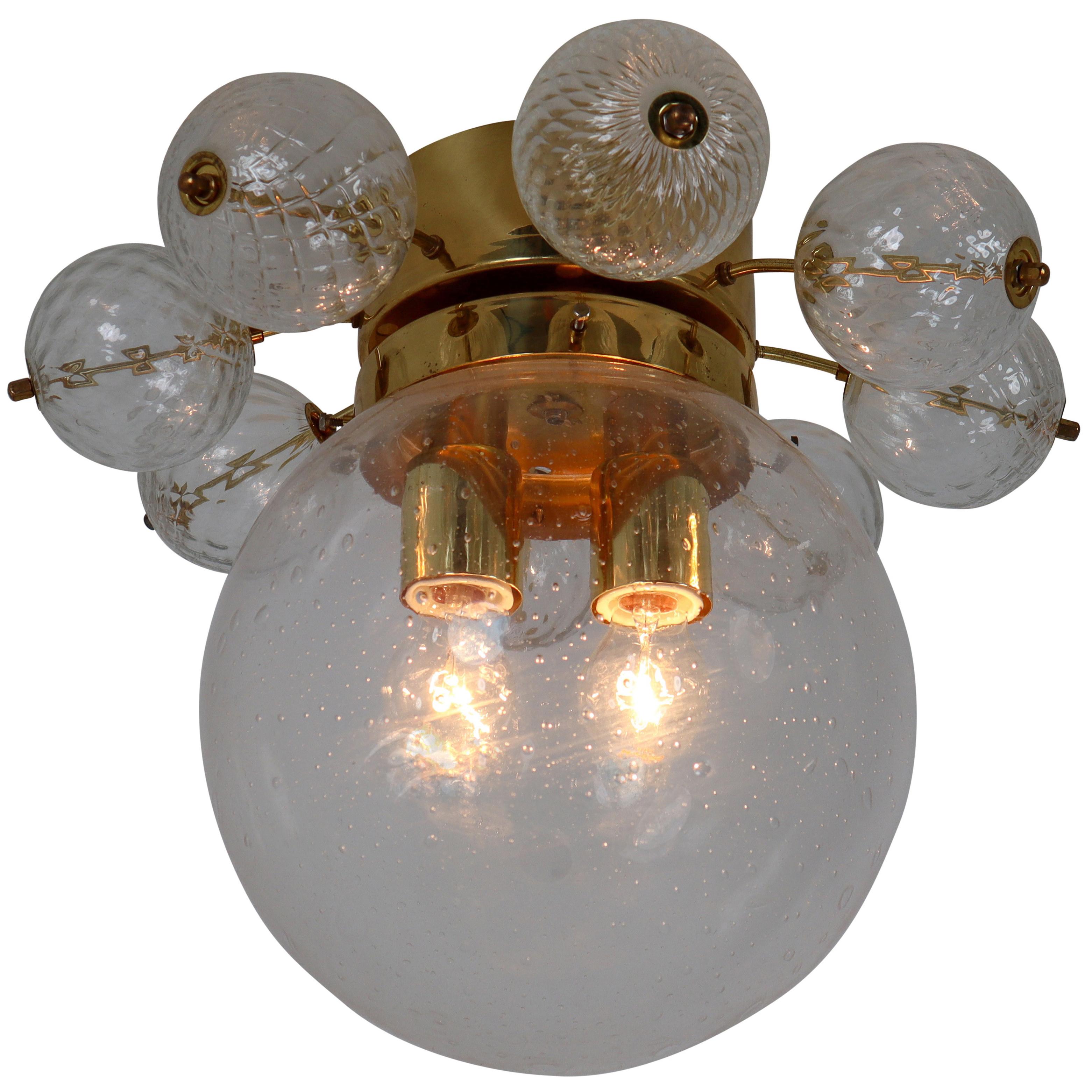 Set of Two Midcentury Brass Ceiling Lamp-Chandeliers with Handblown Glass