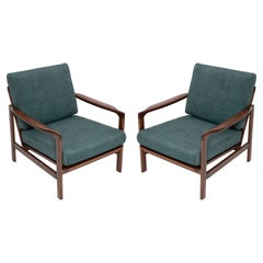 Set of Two Midcentury Deep Green Velvet Armchairs, Zenon Baczyk, 1960s