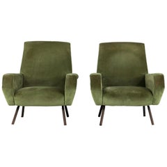 Set of Two Midcentury Green Velvet Gianfranco Frattini Arflex Armchairs, 1950s