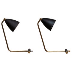 Vintage Set of Two Midcentury Italian Black and Brass Table Lamps by Stilnovo, 1950s