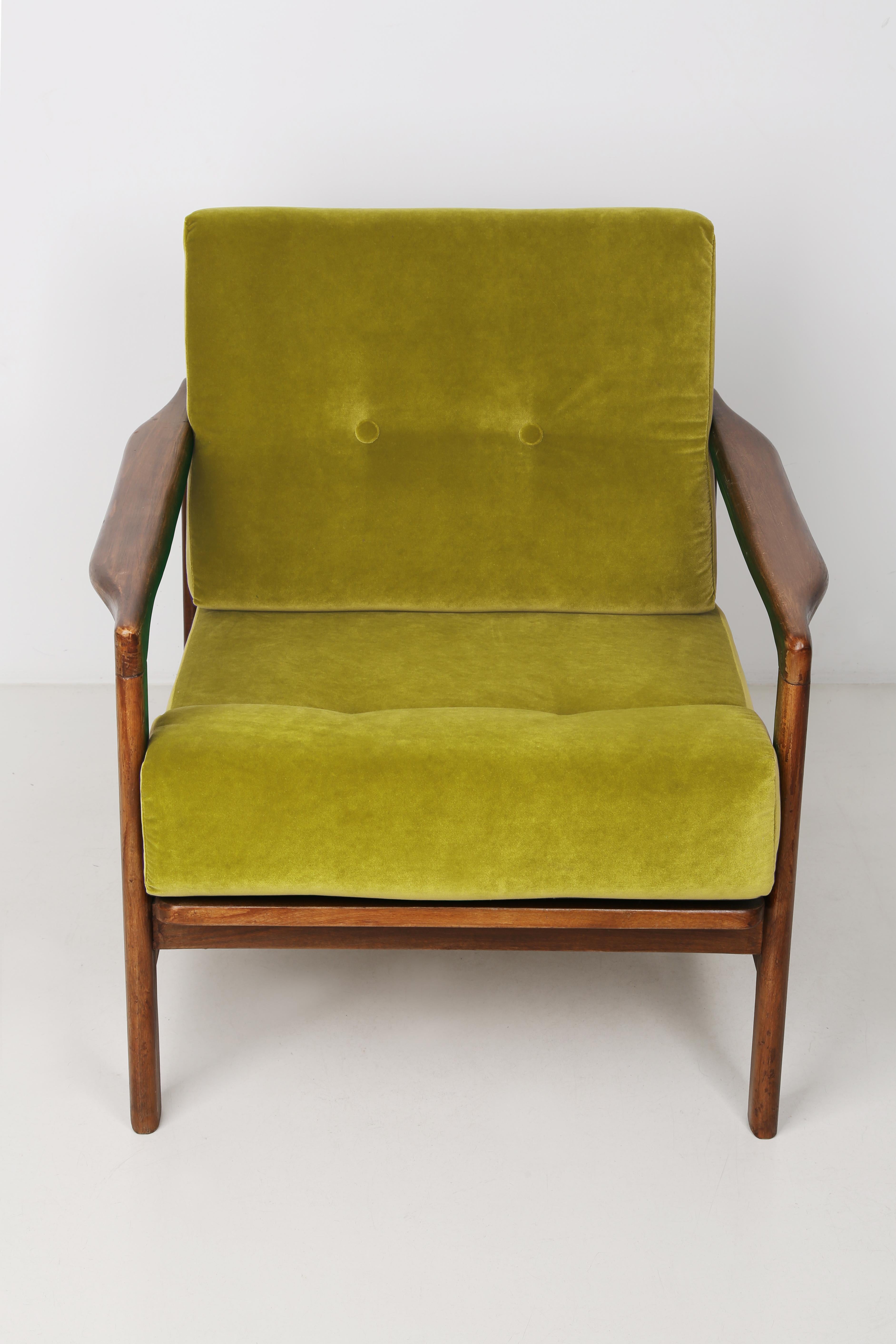 Polish Set of Two Midcentury Lemon Velvet Armchairs, Zenon Baczyk, 1960s For Sale