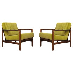 Set of Two Midcentury Lemon Velvet Armchairs, Zenon Baczyk, 1960s