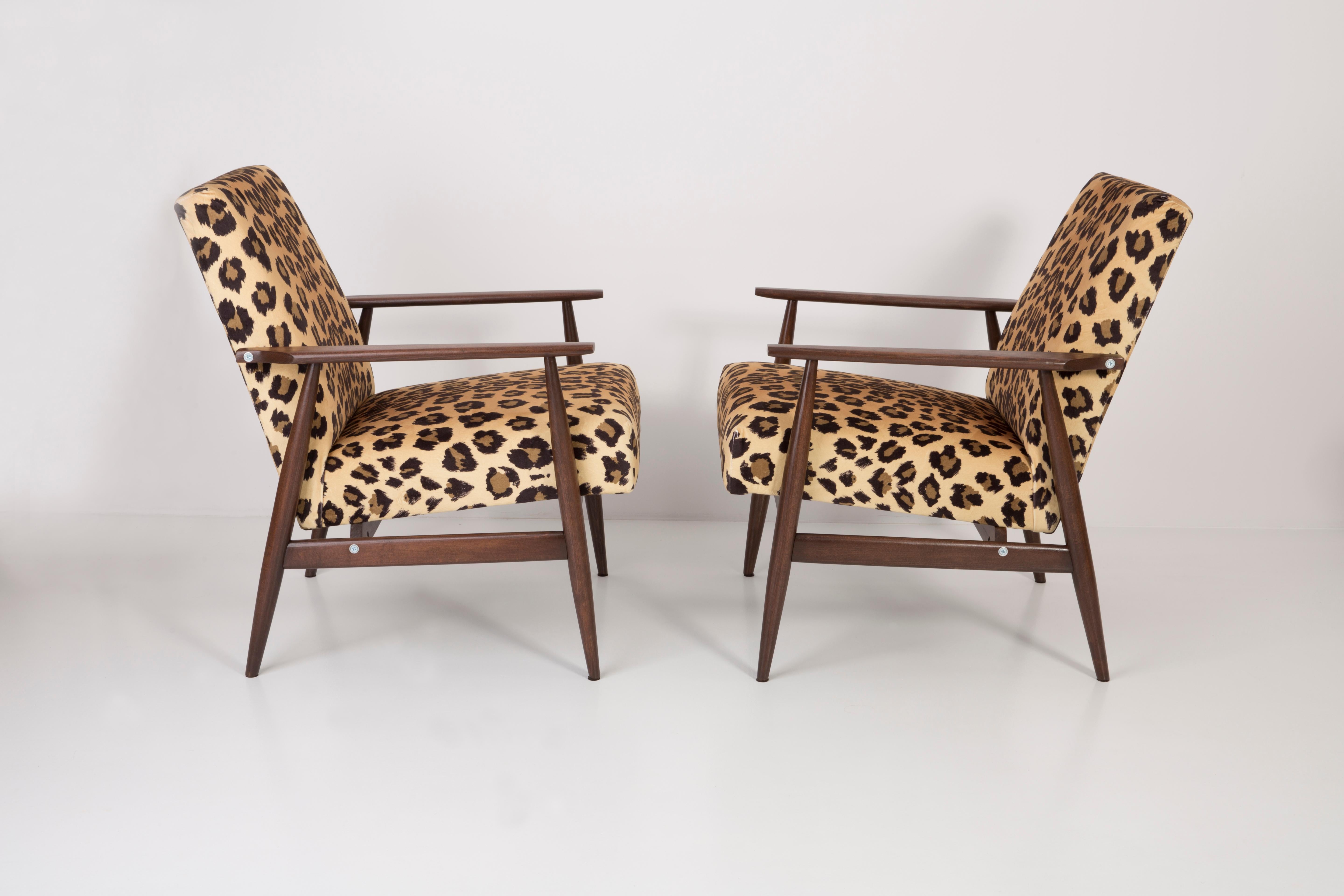 A beautiful, restored armchairs designed by Henryk Lis. Furniture after full carpentry and upholstery renovation. The fabric, which is covered with a backrest and a seat, is a high-quality Italian velvet upholstery printed in leopard pattern. The