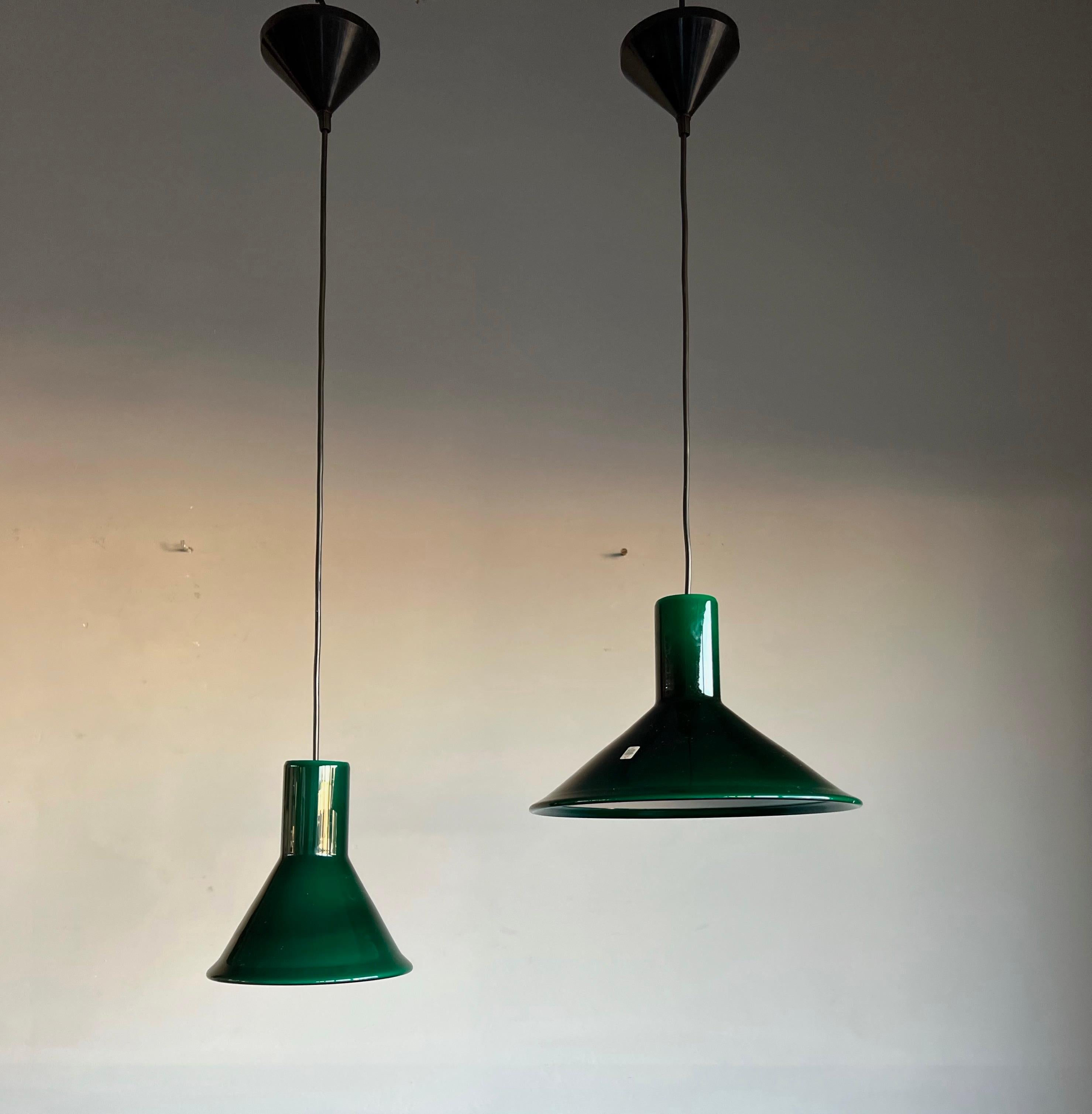 Set of Two Midcentury Made Green Glass Pendants by Michael Bang for Holmegaard For Sale 13