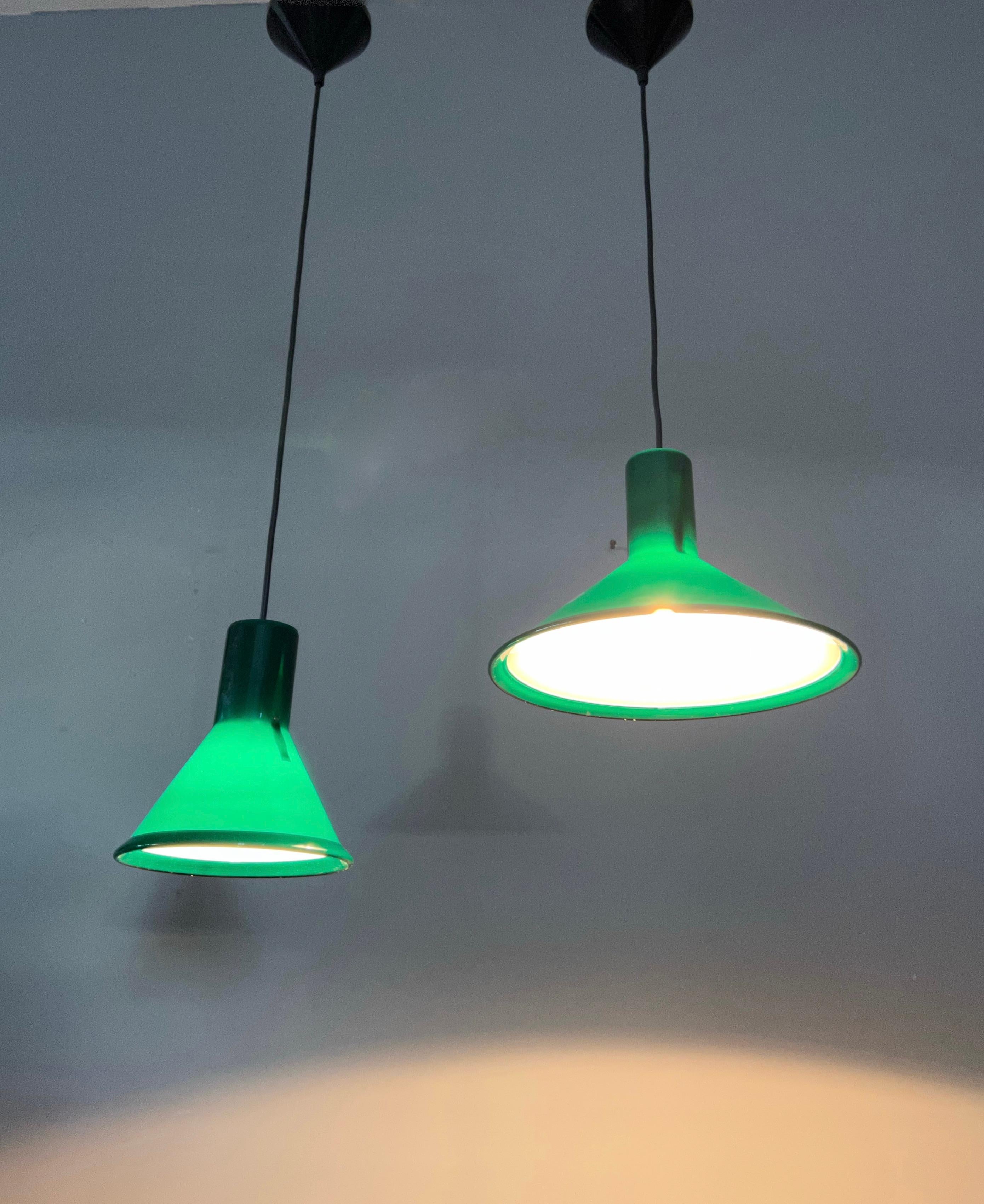 Danish Set of Two Midcentury Made Green Glass Pendants by Michael Bang for Holmegaard For Sale